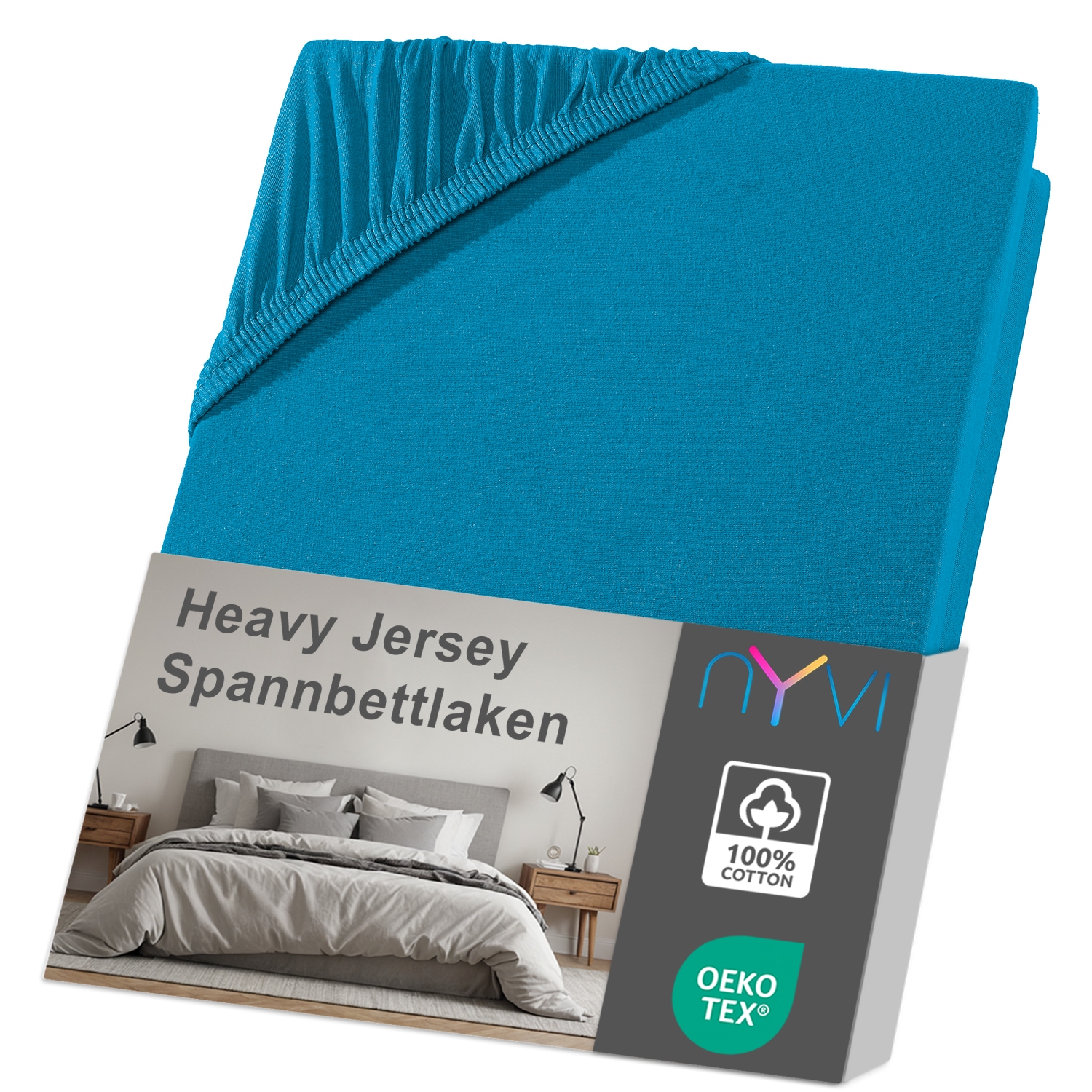 NYVI Spannbettlaken DreamScience Heavy Jersey  - Spannbetttuch, Formstabil, 160g/m&sup2;, Rundum-Gummizug, B&uuml;gelfrei Farbe:petrol;Gr&ouml;&szlig;e:180 - 200x200 + 15 cm Split Topper 