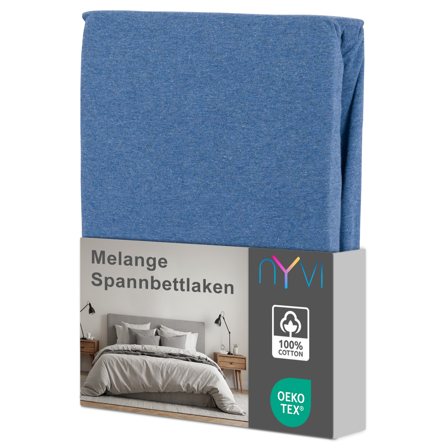 NYVI Spannbettlaken DreamScience Melange f&uuml;r Matratzen bis 22 cm H&ouml;he - 100% Baumwolle, Vintage Leinenoptik, B&uuml;gelfrei, Einlaufschutz Gr&ouml;&szlig;e:90x200 - 100x200 cm;Farbe:jeansblau 