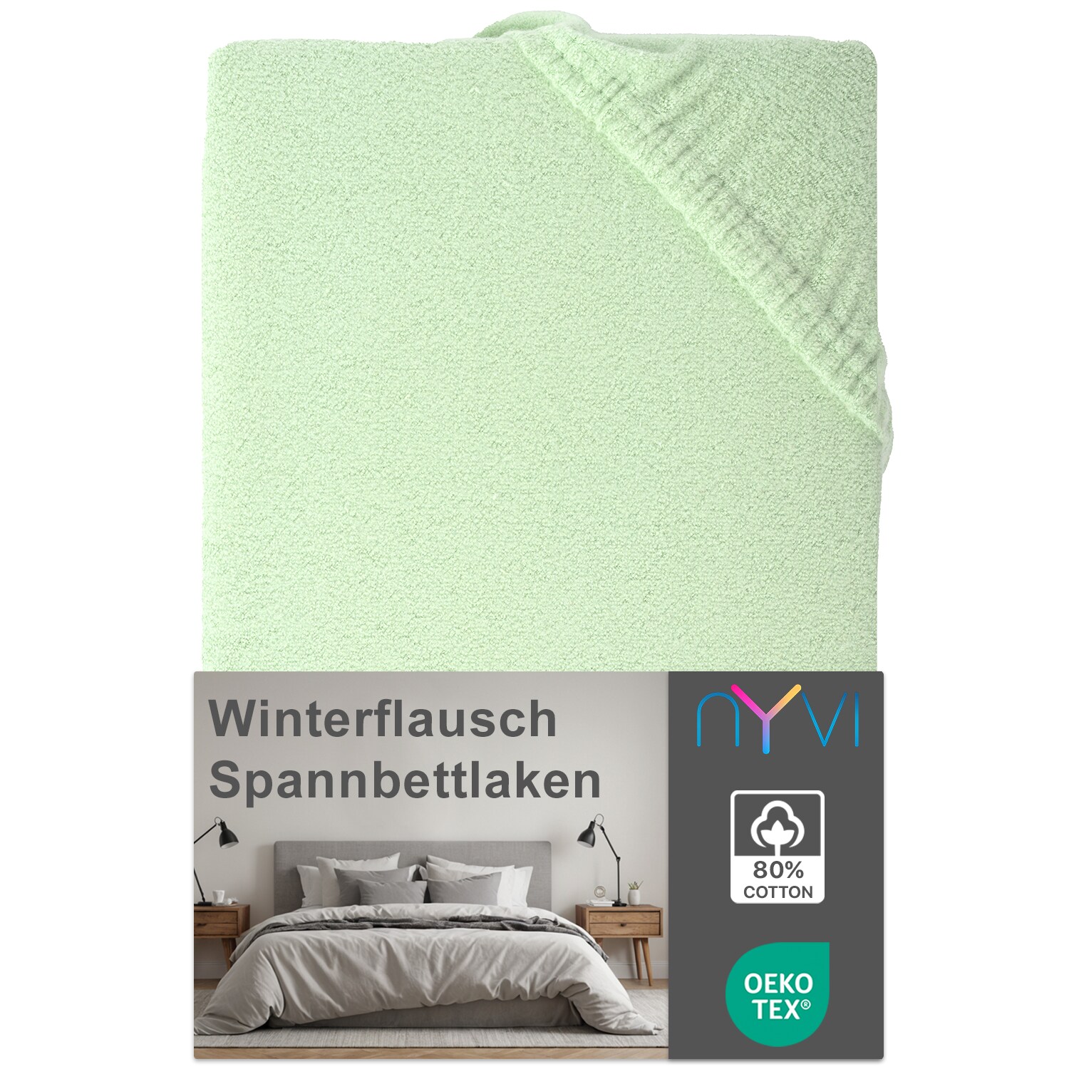 NYVI Spannbettlaken DreamScience Winterflausch f&uuml;r Matratzen bis 22 cm H&ouml;he - W&auml;rmendes & Kuschelweiches Winter Bettlaken Spannbetttuch Gr&ouml;&szlig;e:90x200 - 100x200 cm;Farbe:eukalyptus 