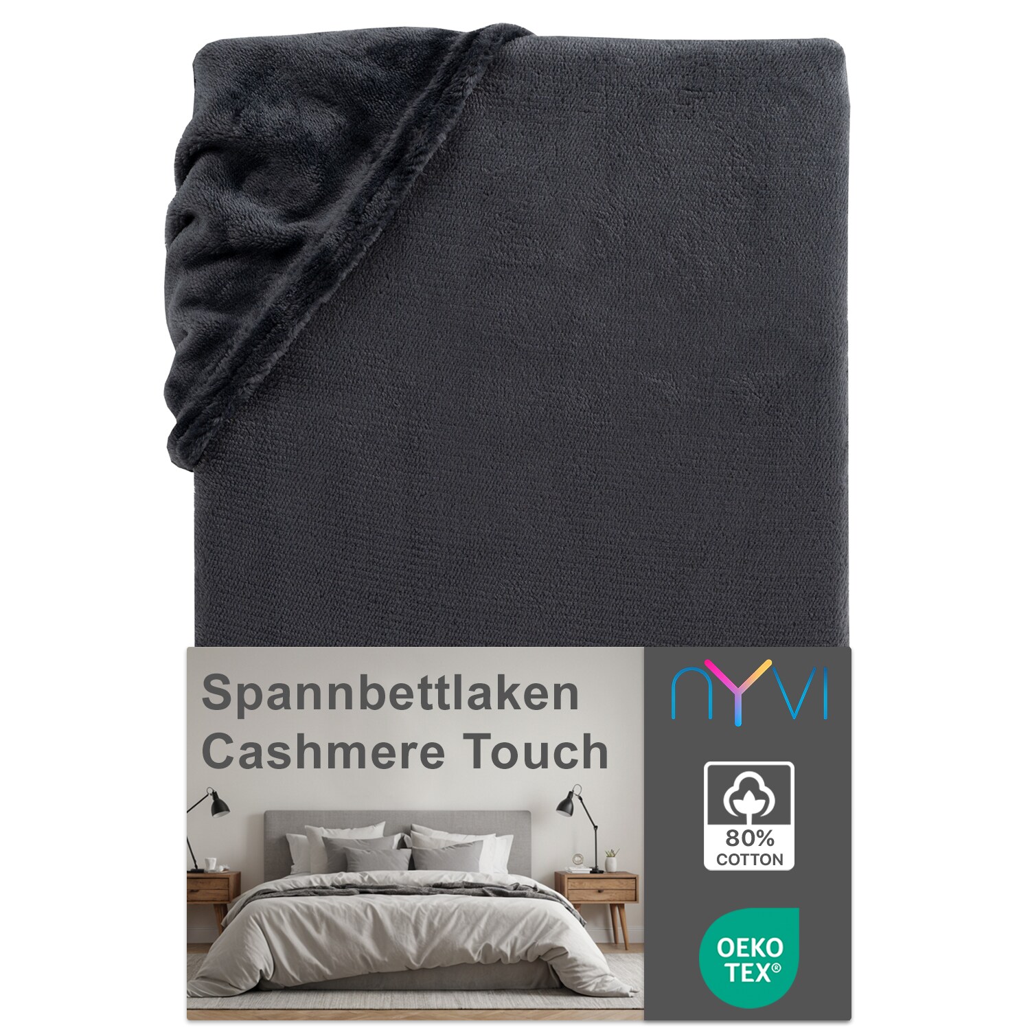 NYVI Spannbettlaken DreamScience Cashmere Touch Spannbetttuch - Kuschelweiches & W&auml;rmendes Bettlaken f&uuml;r Matratzenh&ouml;he bis zu 22 cm Farbe:anthrazit;Gr&ouml;&szlig;e:90x200 - 100x200 cm 