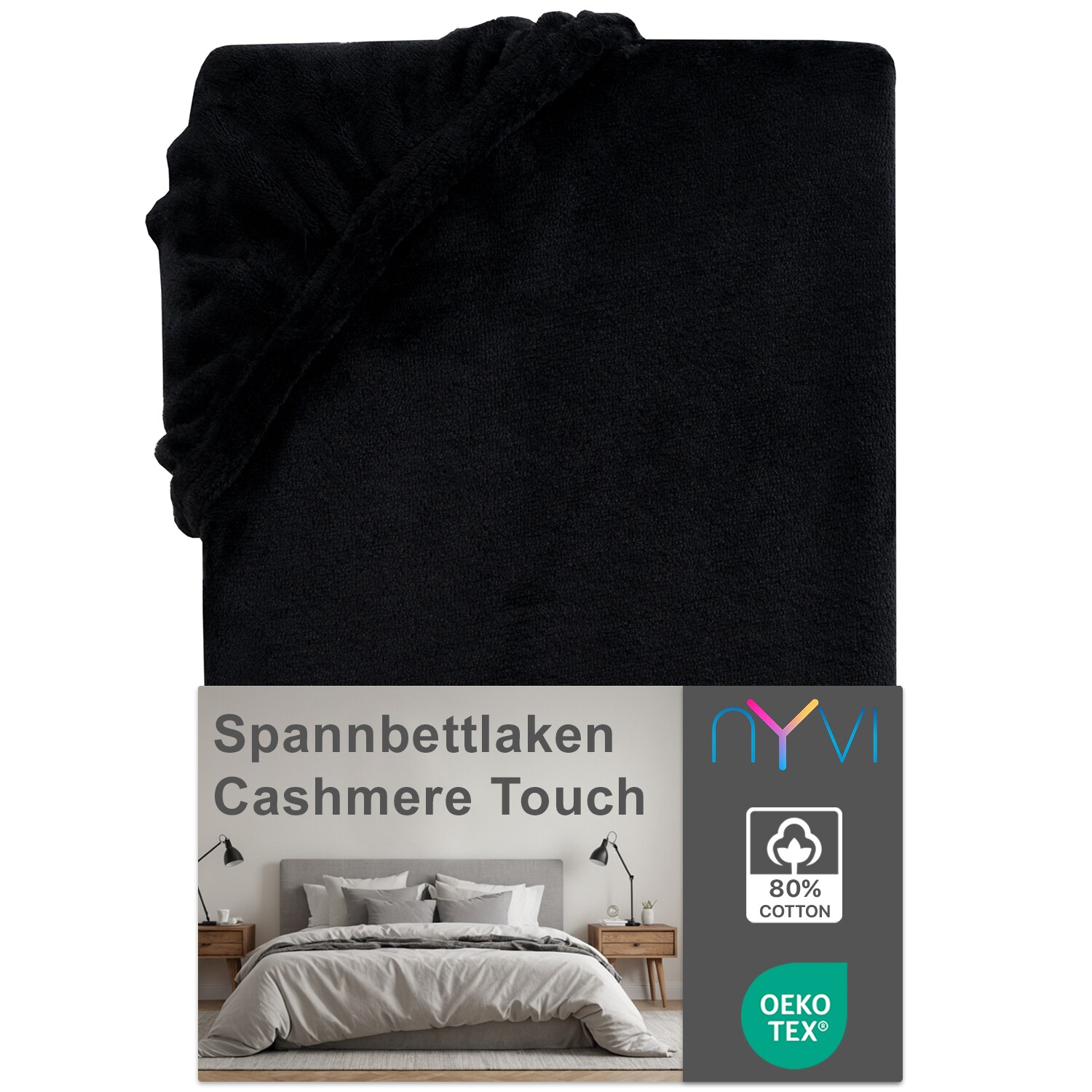 NYVI Spannbettlaken DreamScience Cashmere Touch Spannbetttuch - Kuschelweiches & W&auml;rmendes Bettlaken f&uuml;r Matratzenh&ouml;he bis zu 22 cm Farbe:schwarz;Gr&ouml;&szlig;e:90x200 - 100x200 cm 