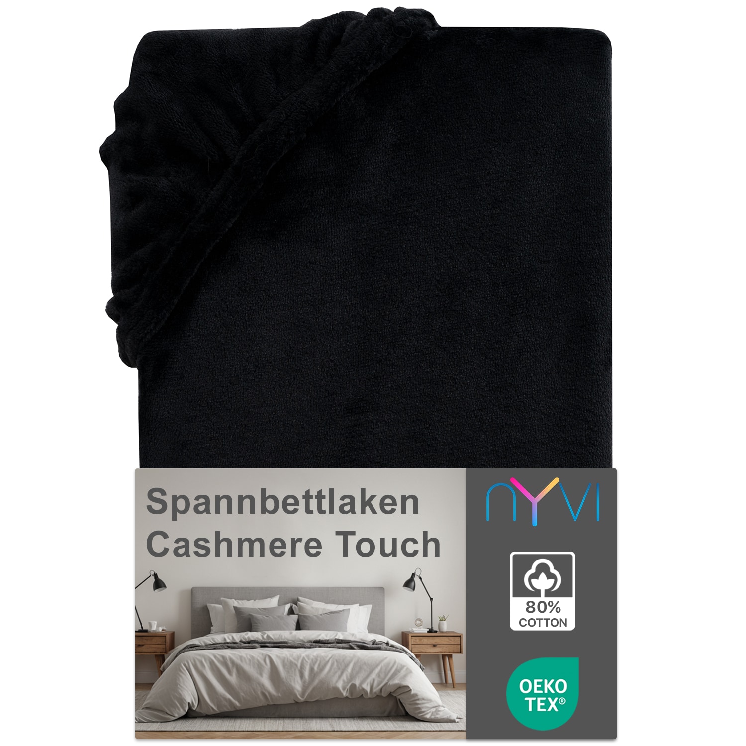 NYVI Spannbettlaken DreamScience Cashmere Touch Spannbetttuch - Kuschelweiches & W&auml;rmendes Bettlaken f&uuml;r Matratzenh&ouml;he bis zu 22 cm Farbe:schwarz;Gr&ouml;&szlig;e:140x200 - 160x200 cm 