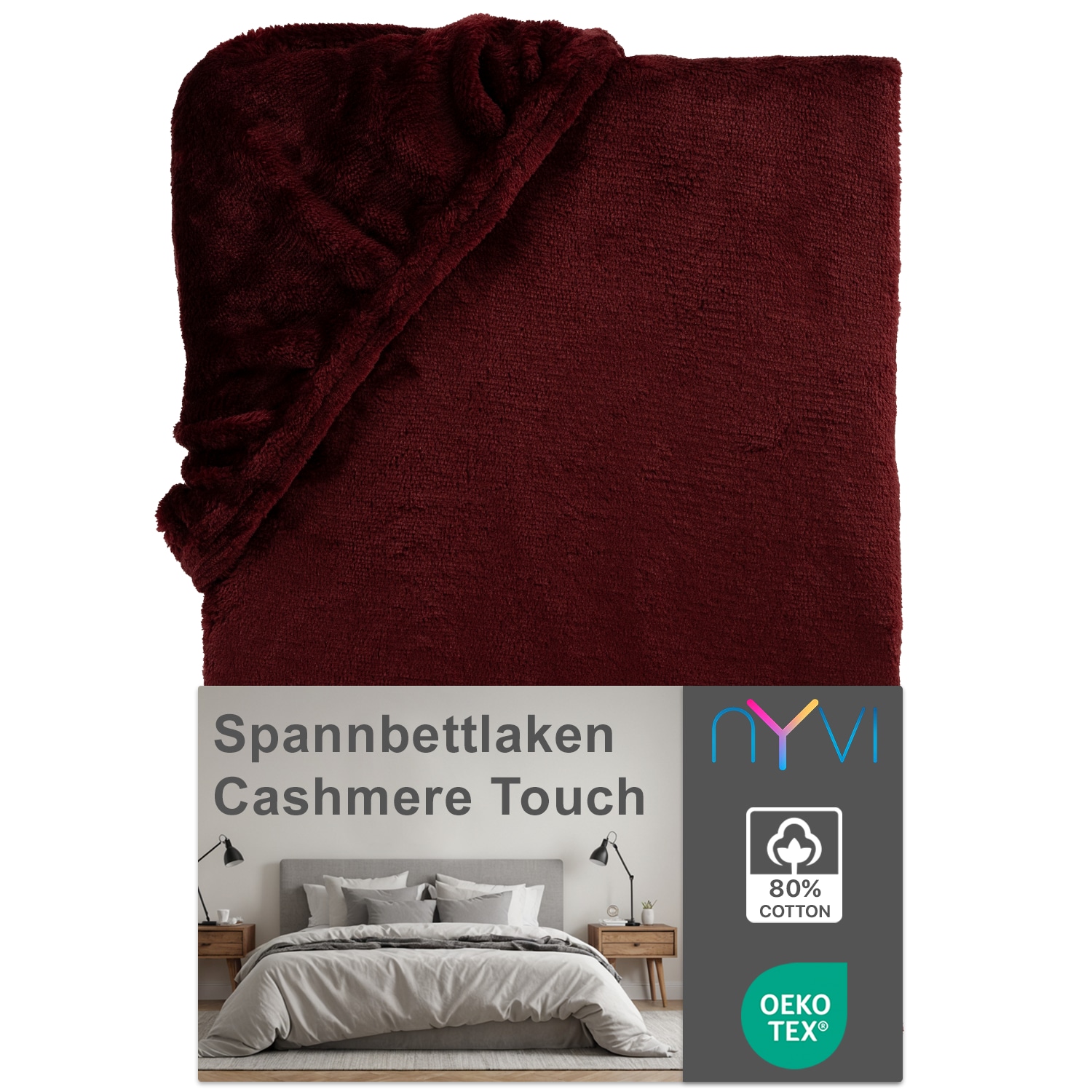 NYVI Spannbettlaken DreamScience Cashmere Touch Spannbetttuch - Kuschelweiches & W&auml;rmendes Bettlaken f&uuml;r Matratzenh&ouml;he bis zu 22 cm Farbe:bordeaux;Gr&ouml;&szlig;e:180 - 200x220 + 40 cm Boxspringbett 