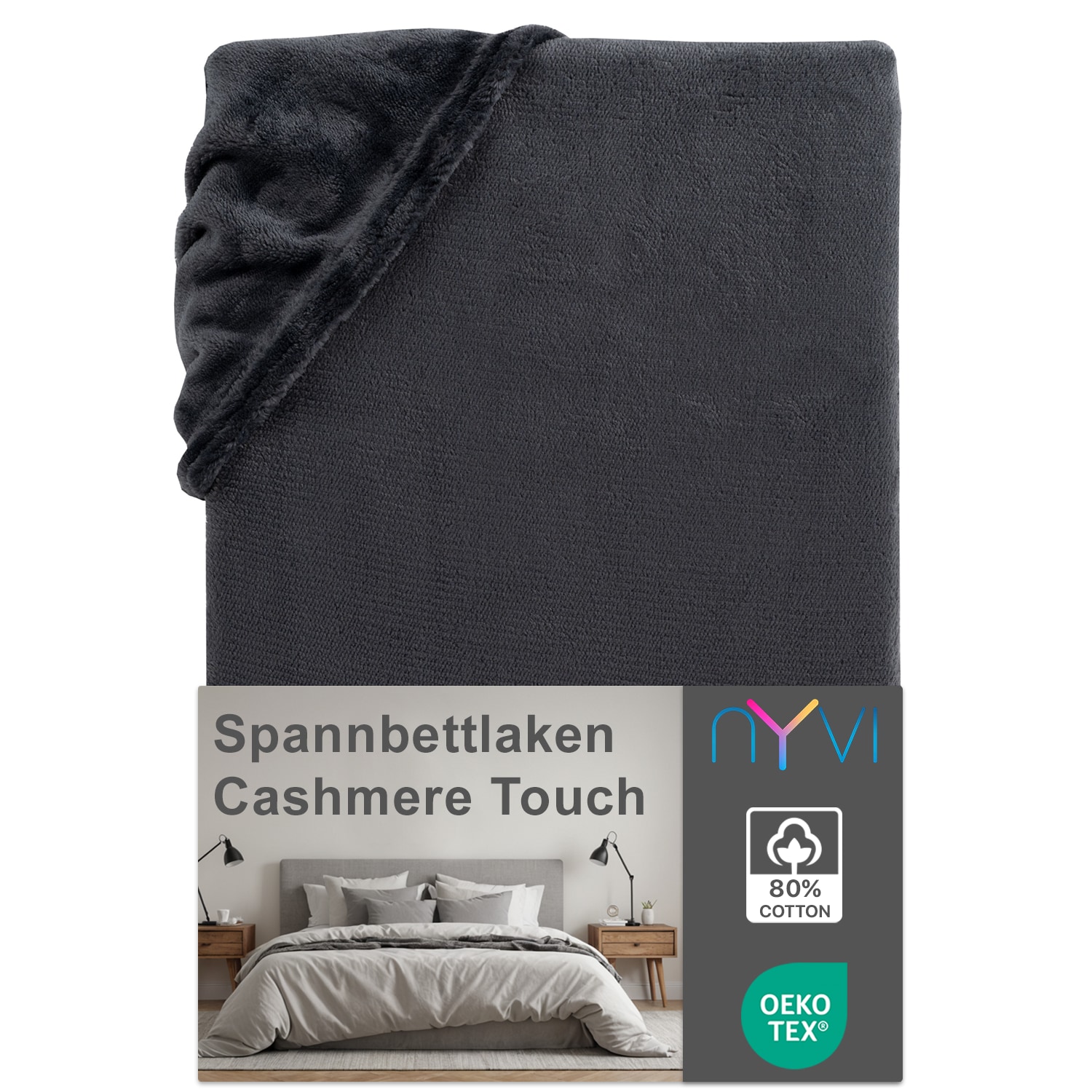 NYVI Spannbettlaken DreamScience Cashmere Touch Spannbetttuch - Kuschelweiches & W&auml;rmendes Bettlaken f&uuml;r Matratzenh&ouml;he bis zu 22 cm Farbe:anthrazit;Gr&ouml;&szlig;e:180 - 200x220 + 40 cm Boxspringbett 