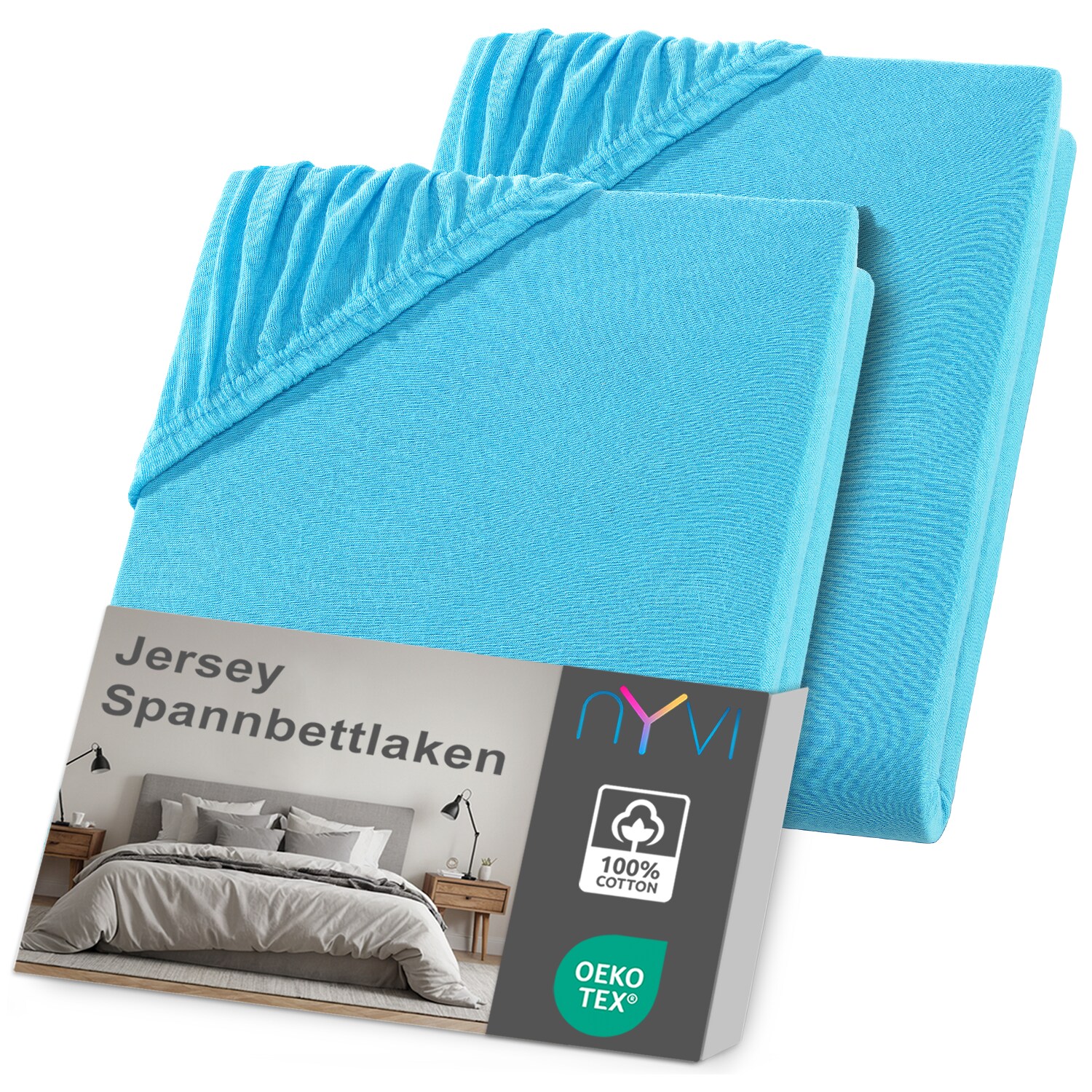 NYVI Jersey Spannbettlaken DreamScience f&uuml;r Matratzen bis 22 cm H&ouml;he - Weich & Anschmiegsam, Rundumgummizug, B&uuml;gelfrei Farbe:t&uuml;rkis;Gr&ouml;&szlig;e:90x200 - 100x200 cm (2er Pack) 