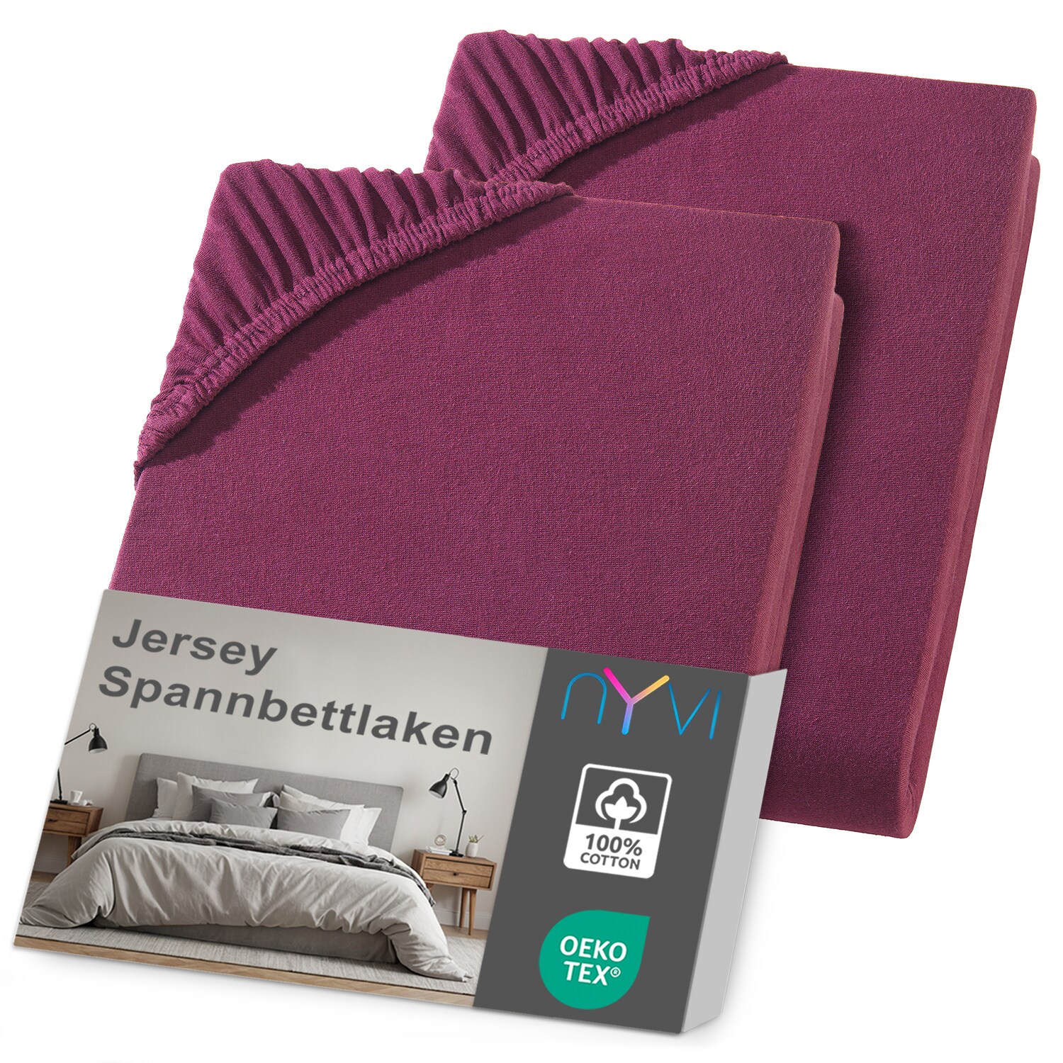 NYVI Jersey Spannbettlaken DreamScience f&uuml;r Matratzen bis 22 cm H&ouml;he - Weich & Anschmiegsam, Rundumgummizug, B&uuml;gelfrei Farbe:bordeaux;Gr&ouml;&szlig;e:90x200 - 100x200 cm (2er Pack) 