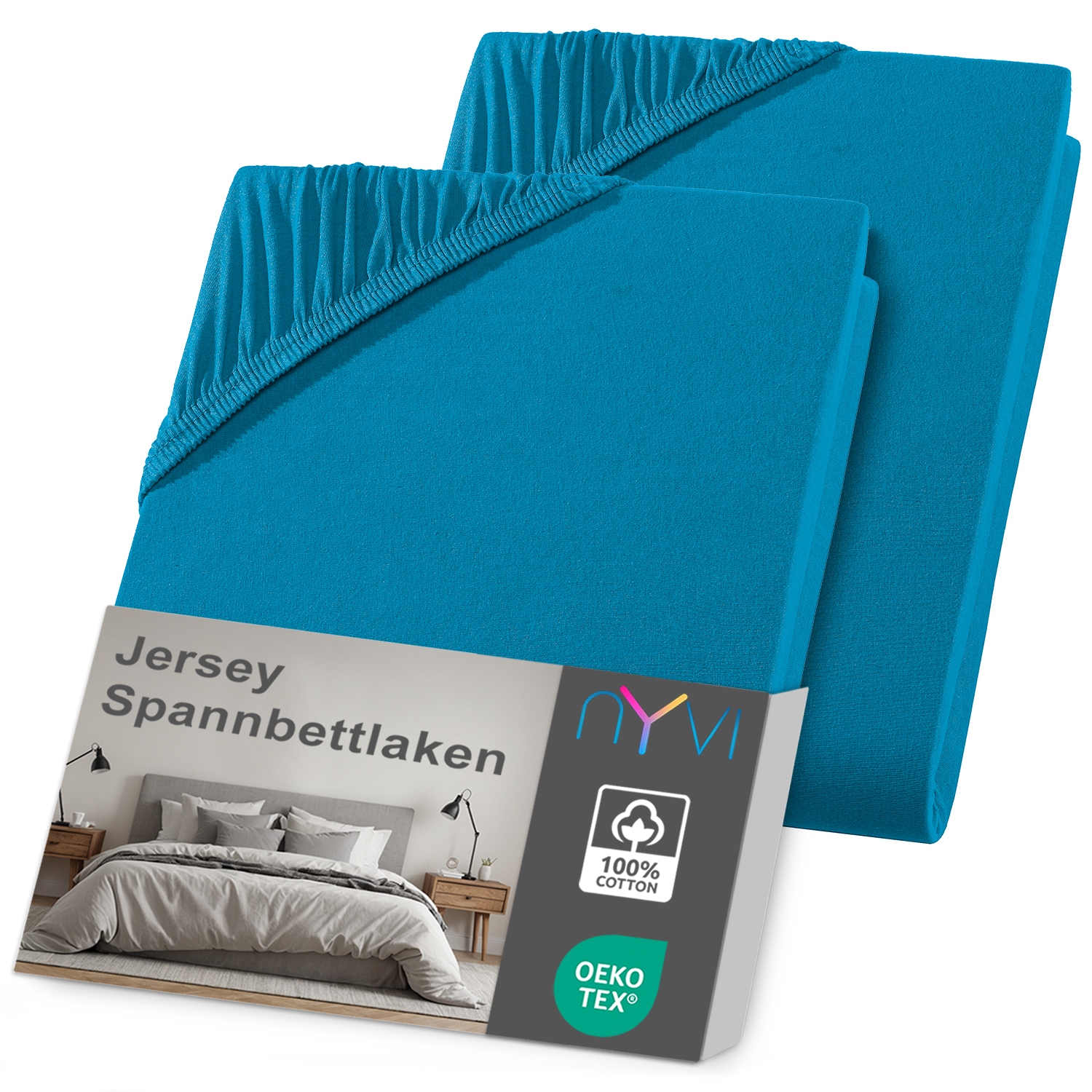 NYVI Jersey Spannbettlaken DreamScience f&uuml;r Matratzen bis 22 cm H&ouml;he - Weich & Anschmiegsam, Rundumgummizug, B&uuml;gelfrei Farbe:petrol;Gr&ouml;&szlig;e:180x200 - 200x200 cm (2er Pack) 