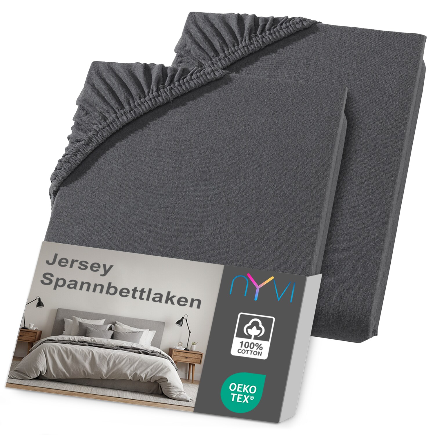 NYVI Jersey Spannbettlaken DreamScience f&uuml;r Matratzen bis 22 cm H&ouml;he - Weich & Anschmiegsam, Rundumgummizug, B&uuml;gelfrei Farbe:anthrazit;Gr&ouml;&szlig;e:180x200 - 200x200 cm (2er Pack) 