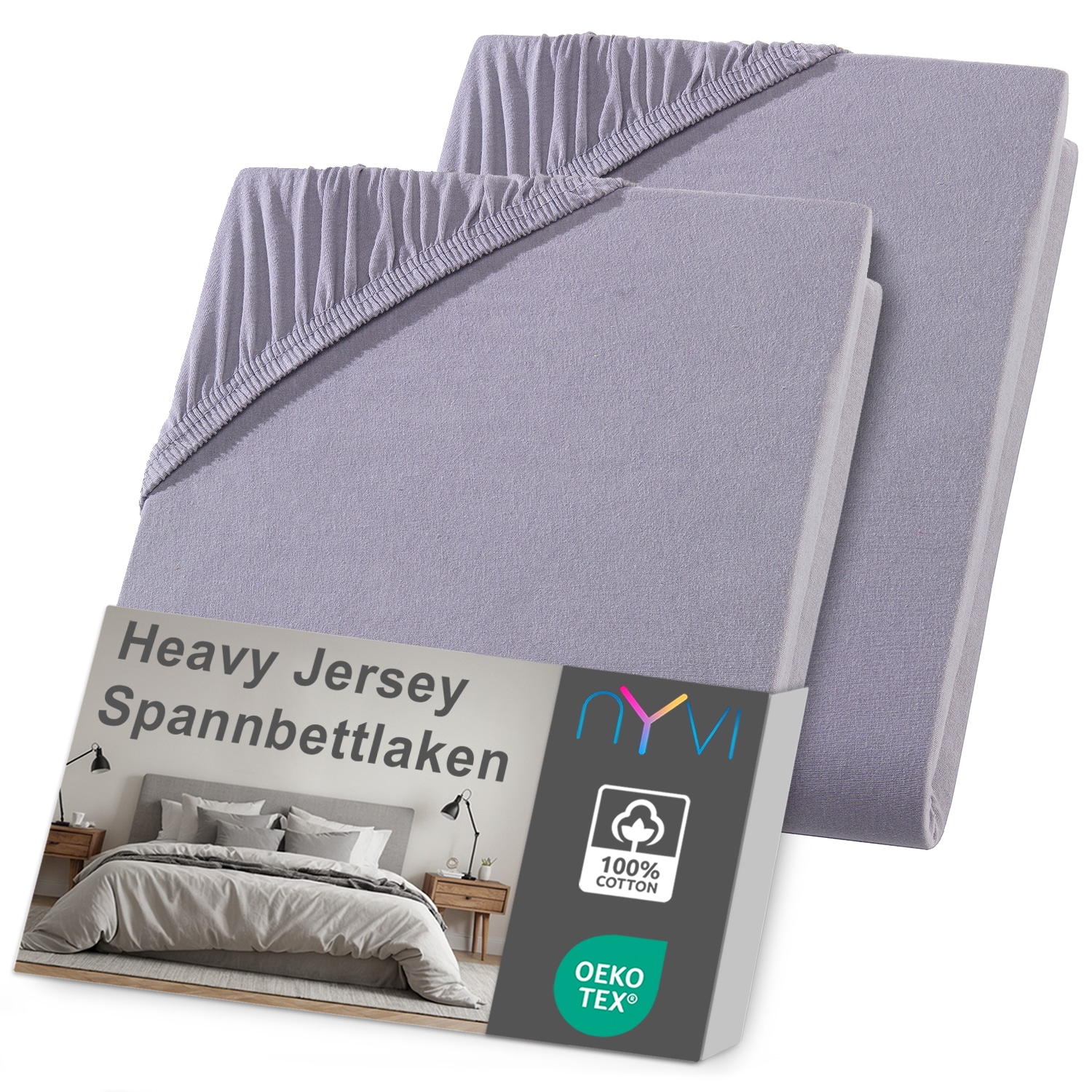 NYVI Spannbettlaken DreamScience Heavy Jersey  - Spannbetttuch, Formstabil, 160g/m&sup2;, Rundum-Gummizug, B&uuml;gelfrei Farbe:grau;Gr&ouml;&szlig;e:90x200 - 100x200 cm (2er Pack) 