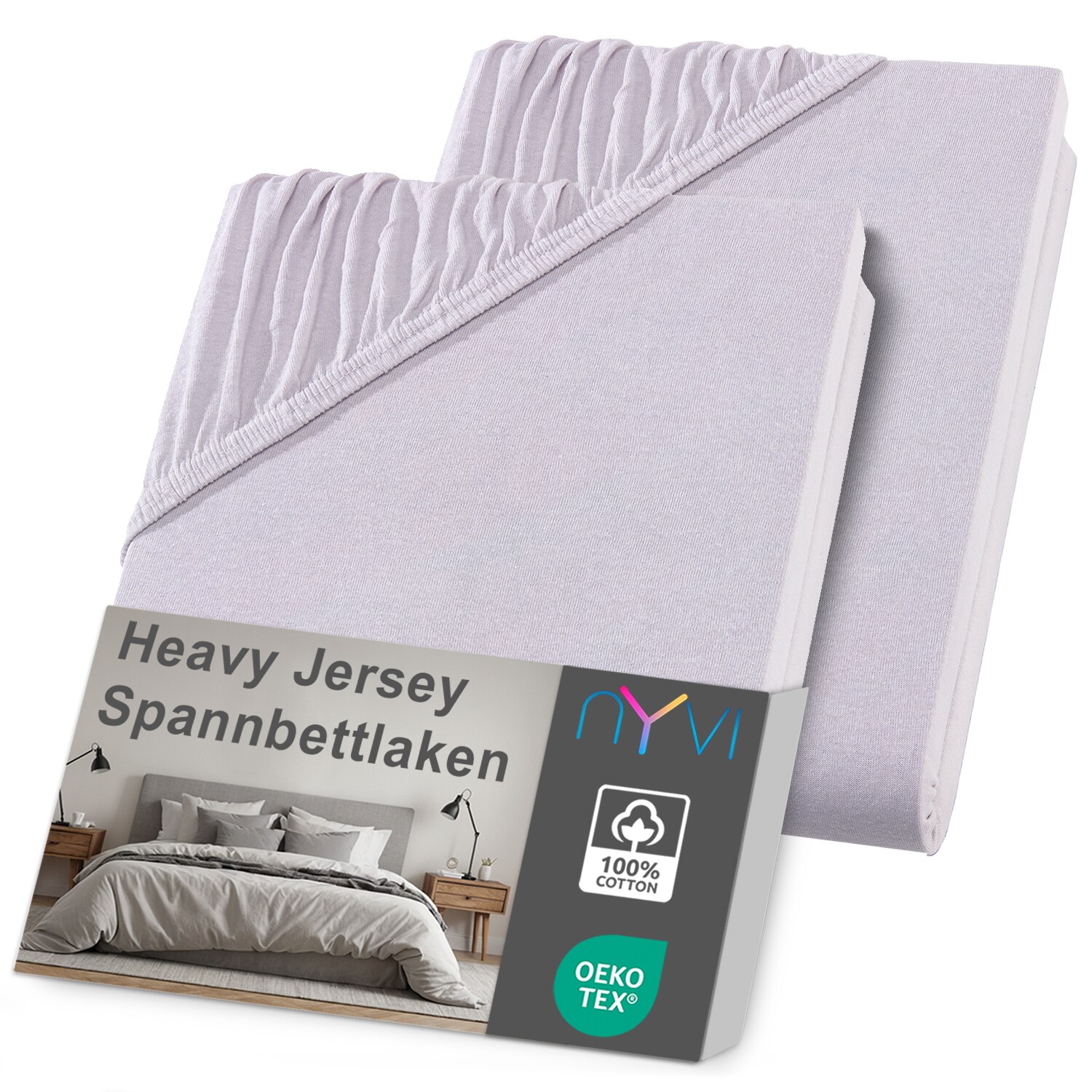 NYVI Spannbettlaken DreamScience Heavy Jersey  - Spannbetttuch, Formstabil, 160g/m&sup2;, Rundum-Gummizug, B&uuml;gelfrei Farbe:silber;Gr&ouml;&szlig;e:180 - 200x200 + 15 cm Split Topper (2er Pack) 