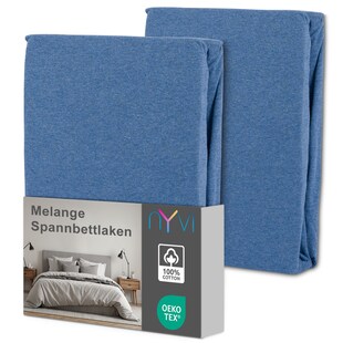 NYVI Spannbettlaken DreamScience Melange für Matratzen bis 22 cm Höhe - 100% Baumwolle, Vintage Leinenoptik, Bügelfrei, Einlaufschutz Farbe:jeansblau;Größe:180x200 - 200x200 cm (2er Pack) 