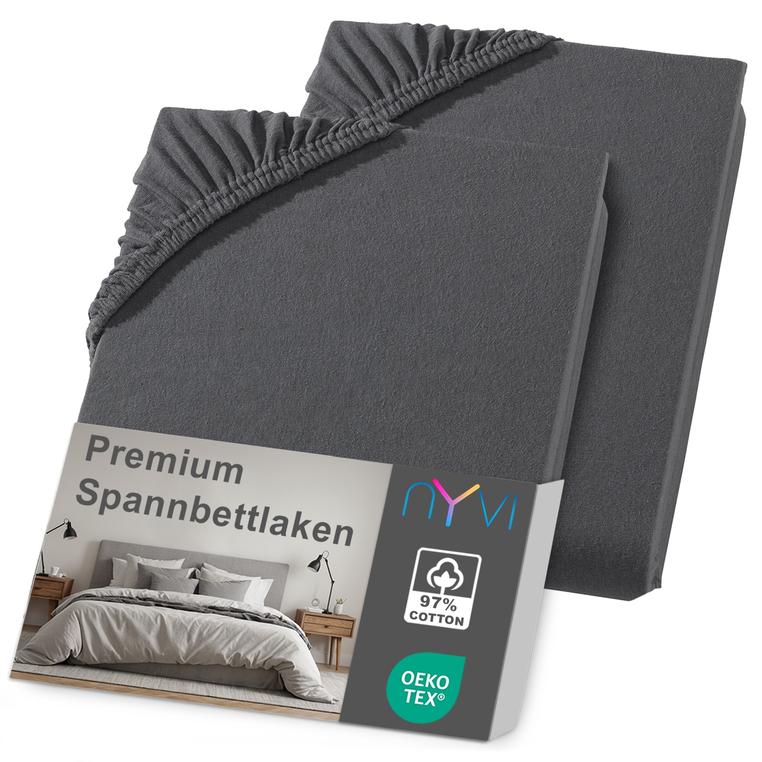 NYVI Spannbettlaken DreamScience Premium - Komfort Spannbetttuch, 190g/m&sup2;, Einlaufschutz, B&uuml;gelfrei, mit Gummizug Farbe:anthrazit;Gr&ouml;&szlig;e:90x200 - 100x200 cm (2er Pack) 