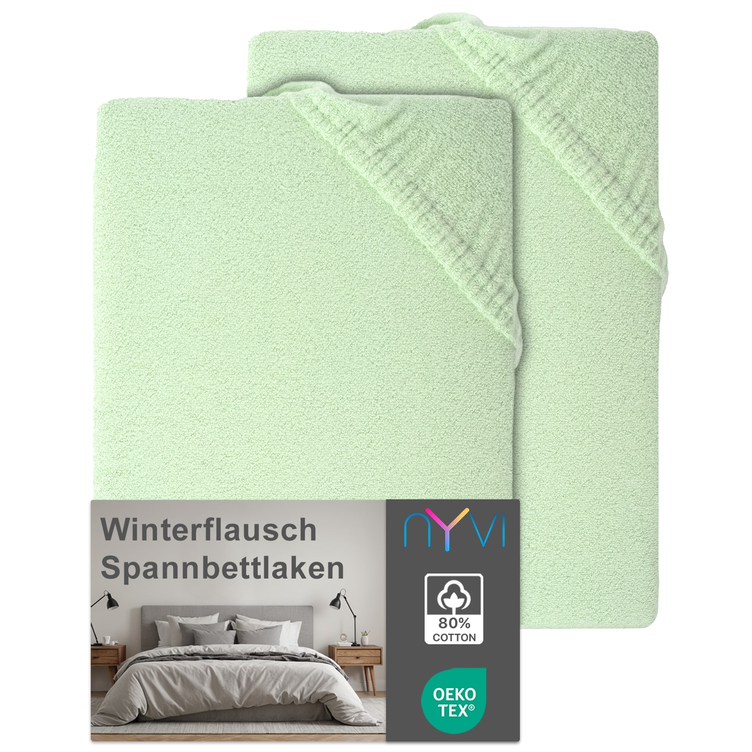 NYVI Spannbettlaken DreamScience Winterflausch f&uuml;r Matratzen bis 22 cm H&ouml;he - W&auml;rmendes & Kuschelweiches Winter Bettlaken Spannbetttuch Farbe:eukalyptus;Gr&ouml;&szlig;e:90x200 - 100x200 cm (2er Pack) 