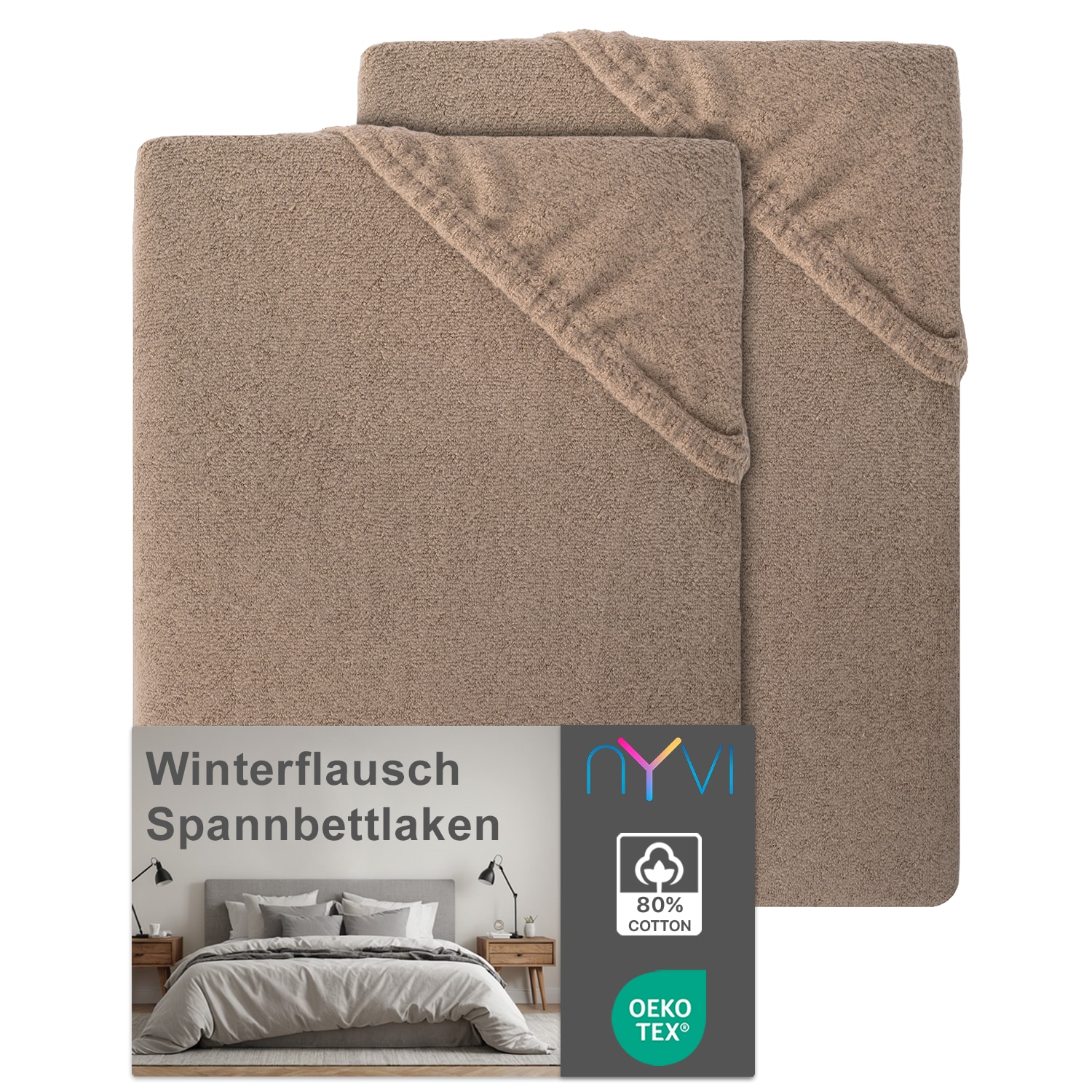 NYVI Spannbettlaken DreamScience Winterflausch f&uuml;r Matratzen bis 22 cm H&ouml;he - W&auml;rmendes & Kuschelweiches Winter Bettlaken Spannbetttuch Farbe:nougat;Gr&ouml;&szlig;e:180x200 - 200x200 cm (2er Pack) 