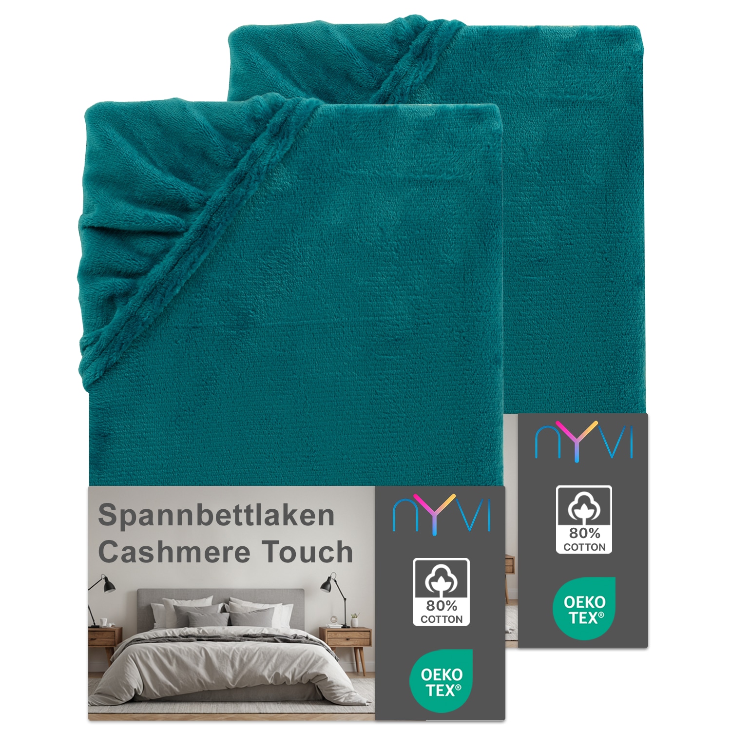 NYVI Spannbettlaken DreamScience Cashmere Touch Spannbetttuch - Kuschelweiches & W&auml;rmendes Bettlaken f&uuml;r Matratzenh&ouml;he bis zu 22 cm Farbe:petrol;Gr&ouml;&szlig;e:90x200 - 100x200 cm (2er Pack) 