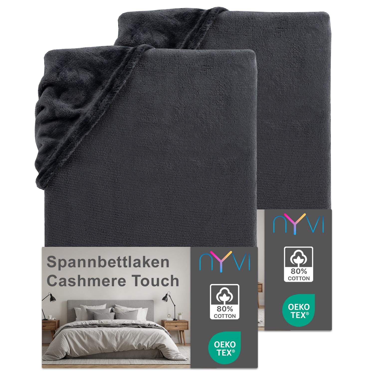 NYVI Spannbettlaken DreamScience Cashmere Touch Spannbetttuch - Kuschelweiches & W&auml;rmendes Bettlaken f&uuml;r Matratzenh&ouml;he bis zu 22 cm Farbe:anthrazit;Gr&ouml;&szlig;e:140x200 - 160x200 cm (2er Pack) 