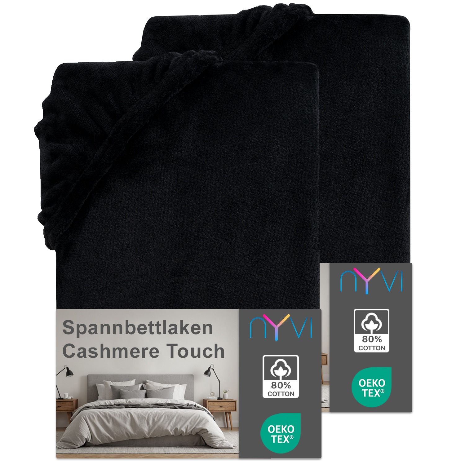 NYVI Spannbettlaken DreamScience Cashmere Touch Spannbetttuch - Kuschelweiches & W&auml;rmendes Bettlaken f&uuml;r Matratzenh&ouml;he bis zu 22 cm Farbe:schwarz;Gr&ouml;&szlig;e:140x200 - 160x200 cm (2er Pack) 