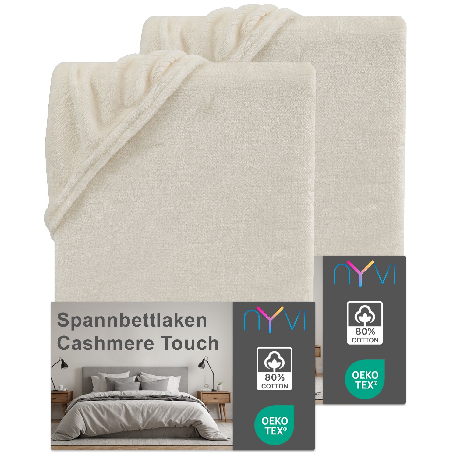 NYVI Spannbettlaken DreamScience Cashmere Touch Spannbetttuch - Kuschelweiches & W&auml;rmendes Bettlaken f&uuml;r Matratzenh&ouml;he bis zu 22 cm Farbe:natur;Gr&ouml;&szlig;e:180x200 - 200x200 cm (2er Pack) 