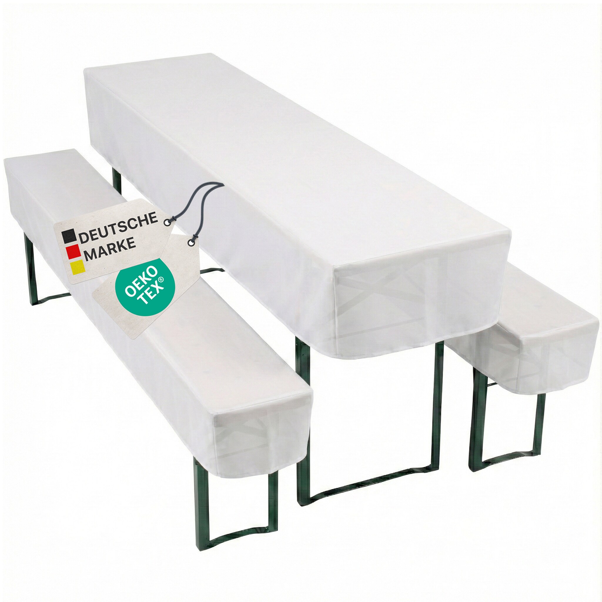 NYVI Biertischhussen Set NYVIGala - 3-teiliges Hussen-Set f&uuml;r Bierzeltgarnitur - Tischhusse & 2 Bierbankhussen f&uuml;r 220x25 cm Sitzb&auml;nke Farbe:Wei&szlig;;Gr&ouml;&szlig;e:50x220 cm + 2x 25x220 cm 