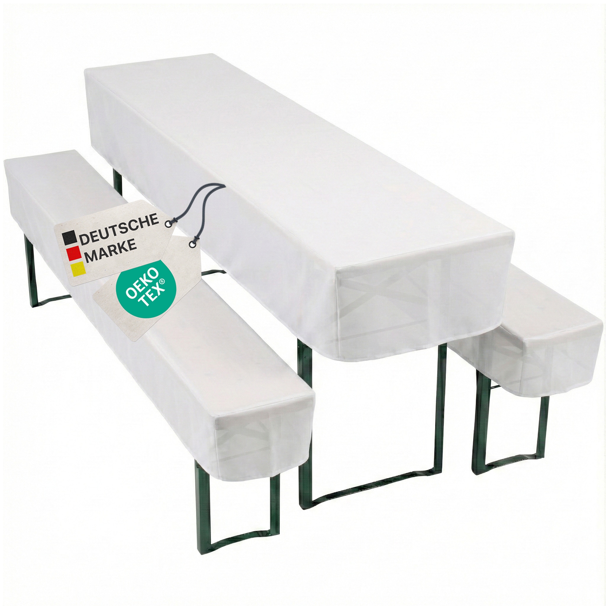 NYVI Biertischhussen Set NYVIGala - 3-teiliges Hussen-Set f&uuml;r Bierzeltgarnitur - Tischhusse & 2 Bierbankhussen f&uuml;r 220x25 cm Sitzb&auml;nke Farbe:Wei&szlig;;Gr&ouml;&szlig;e:70x220 cm + 2x 25x220 cm 