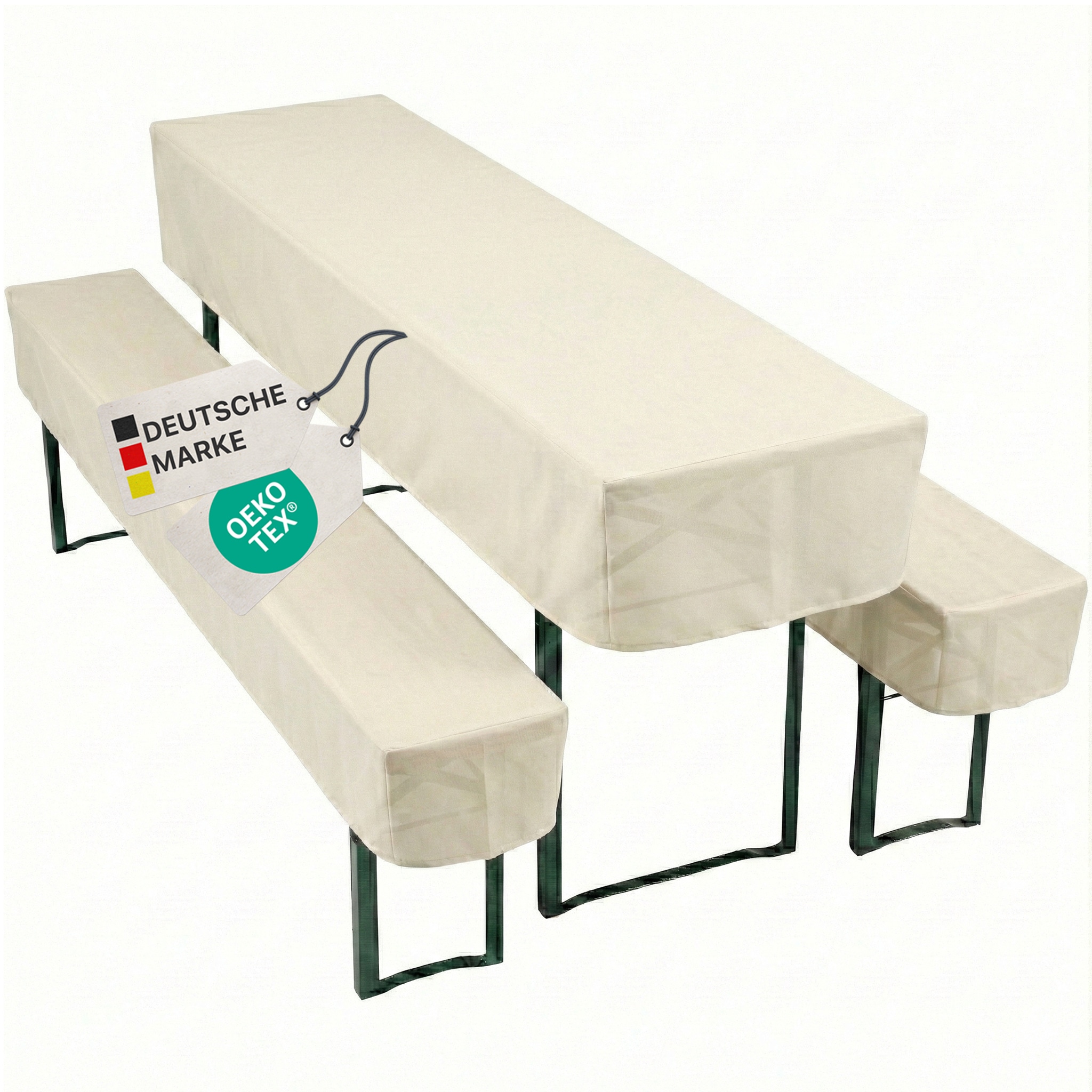 NYVI Biertischhussen Set NYVIGala - 3-teiliges Hussen-Set f&uuml;r Bierzeltgarnitur - Tischhusse & 2 Bierbankhussen f&uuml;r 220x25 cm Sitzb&auml;nke Farbe:Ecru;Gr&ouml;&szlig;e:70x220 cm + 2x 25x220 cm 