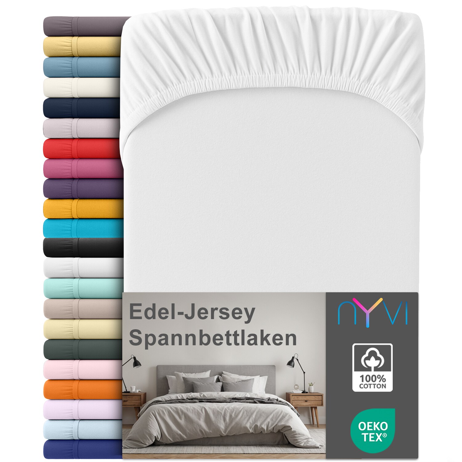 NYVI Edel Jersey Spannbettlaken Deluxe f&uuml;r Matratzen bis 25 cm Stegh&ouml;he - 100% Baumwolle supergek&auml;mmt, 140g/m&sup2;, Rundumgummizug Farbe:Wei&szlig;;Gr&ouml;&szlig;e:90-100 x 200 cm 