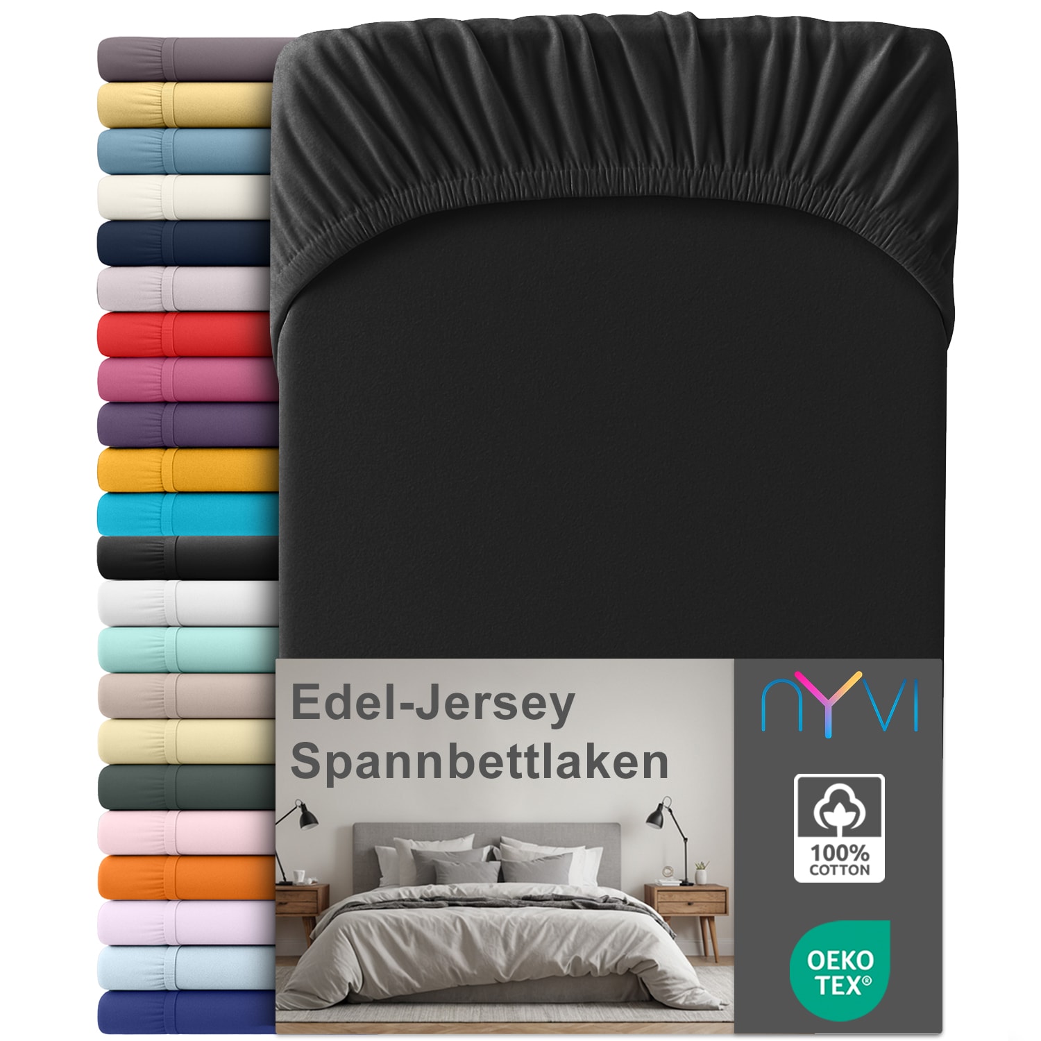 NYVI Edel Jersey Spannbettlaken Deluxe f&uuml;r Matratzen bis 25 cm Stegh&ouml;he - 100% Baumwolle supergek&auml;mmt, 140g/m&sup2;, Rundumgummizug Farbe:Schwarz;Gr&ouml;&szlig;e:90-100 x 220 cm 