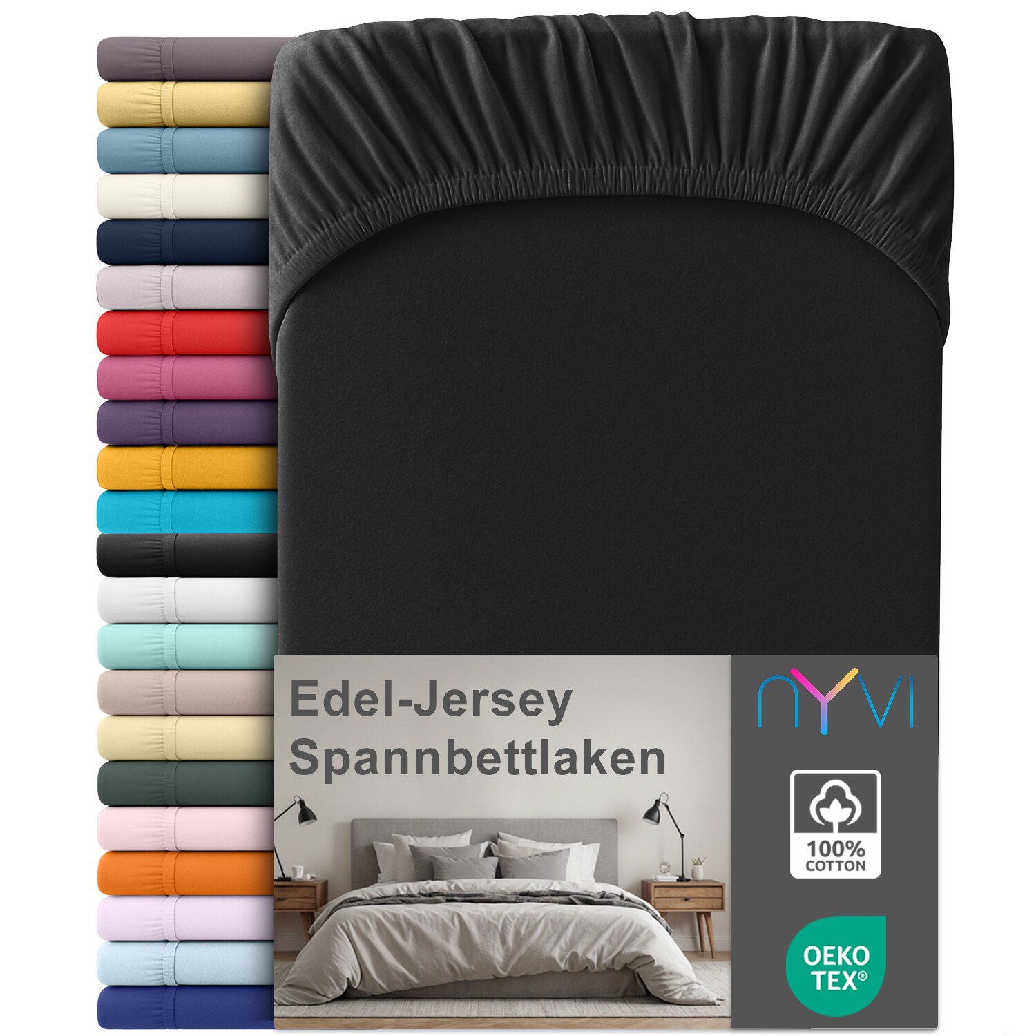NYVI Edel Jersey Spannbettlaken Deluxe f&uuml;r Matratzen bis 25 cm Stegh&ouml;he - 100% Baumwolle supergek&auml;mmt, 140g/m&sup2;, Rundumgummizug Farbe:Schwarz;Gr&ouml;&szlig;e:180-200 x 200 cm 