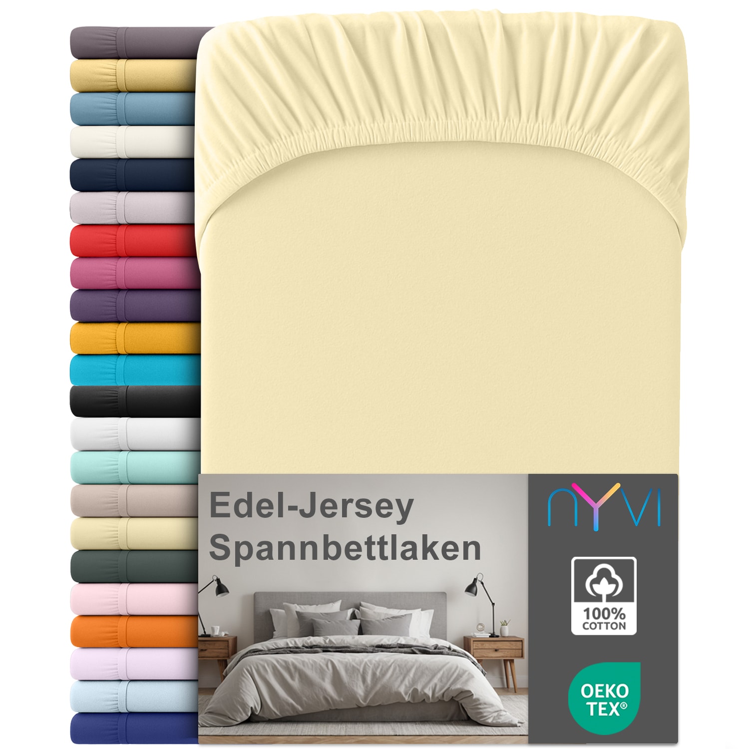 NYVI Edel Jersey Spannbettlaken Deluxe f&uuml;r Matratzen bis 25 cm Stegh&ouml;he - 100% Baumwolle supergek&auml;mmt, 140g/m&sup2;, Rundumgummizug Gr&ouml;&szlig;e:180-200 x 200 cm;Farbe:Vanille 
