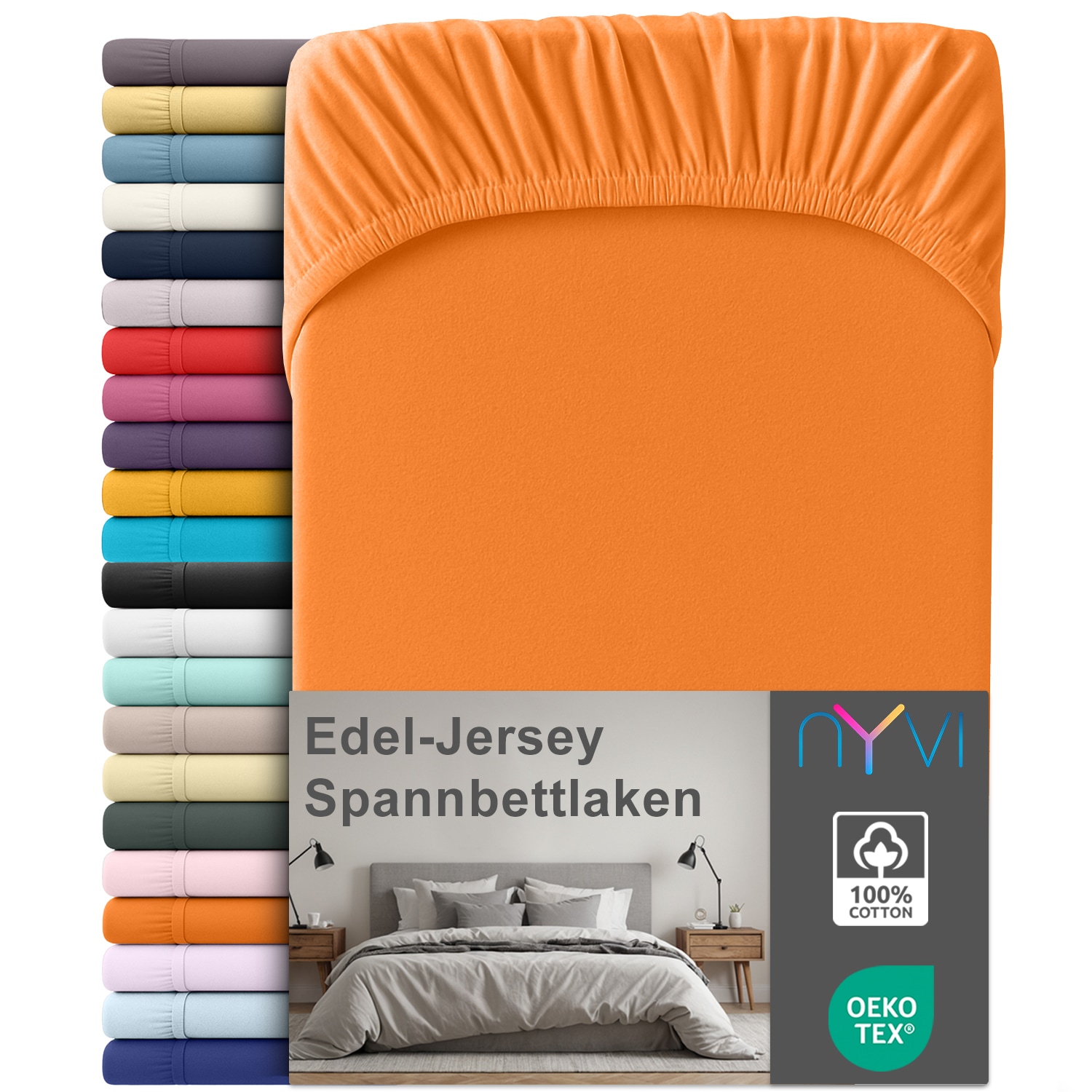 NYVI Edel Jersey Spannbettlaken Deluxe f&uuml;r Matratzen bis 25 cm Stegh&ouml;he - 100% Baumwolle supergek&auml;mmt, 140g/m&sup2;, Rundumgummizug Gr&ouml;&szlig;e:140-160 x 200 cm;Farbe:Orange 