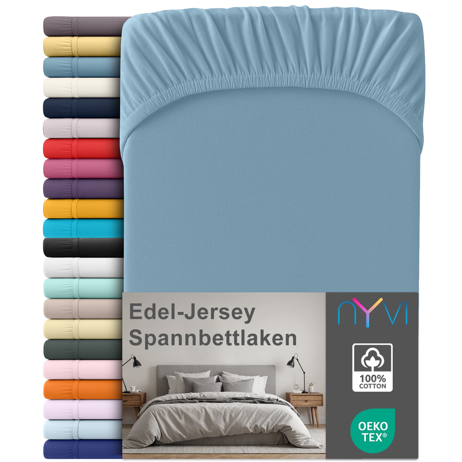 NYVI Edel Jersey Spannbettlaken Deluxe f&uuml;r Matratzen bis 25 cm Stegh&ouml;he - 100% Baumwolle supergek&auml;mmt, 140g/m&sup2;, Rundumgummizug Gr&ouml;&szlig;e:90-100 x 200 cm;Farbe:Stahlblau 