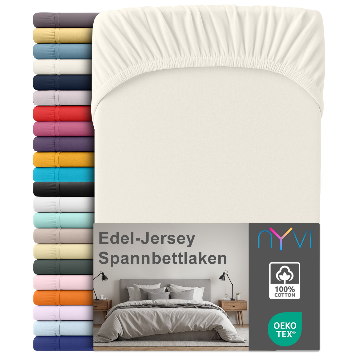 NYVI Edel Jersey Spannbettlaken Deluxe f&uuml;r Matratzen bis 25 cm Stegh&ouml;he - 100% Baumwolle supergek&auml;mmt, 140g/m&sup2;, Rundumgummizug Farbe:Creme;Gr&ouml;&szlig;e:90-100 x 200 cm 
