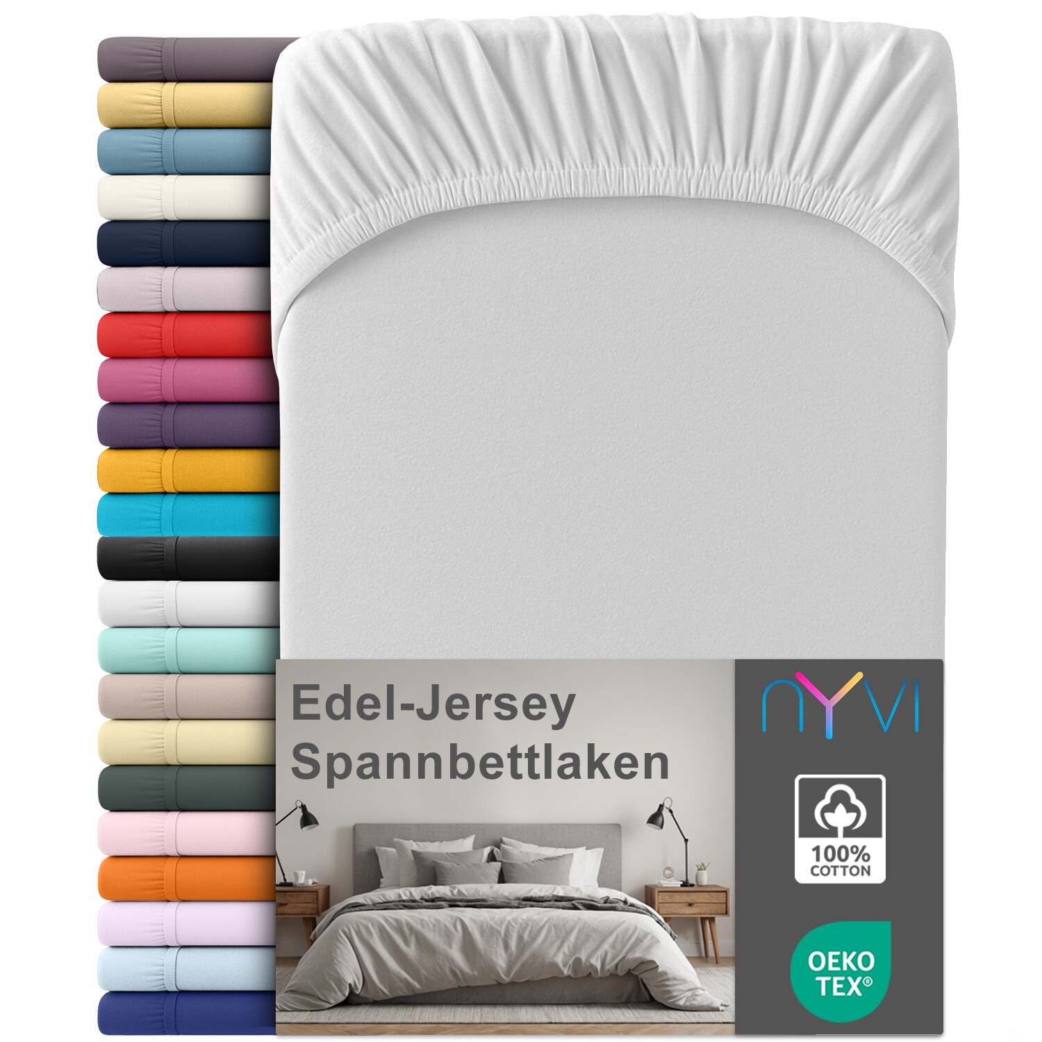 NYVI Edel Jersey Spannbettlaken Deluxe f&uuml;r Matratzen bis 25 cm Stegh&ouml;he - 100% Baumwolle supergek&auml;mmt, 140g/m&sup2;, Rundumgummizug Gr&ouml;&szlig;e:140-160 x 200 cm;Farbe:Silber 