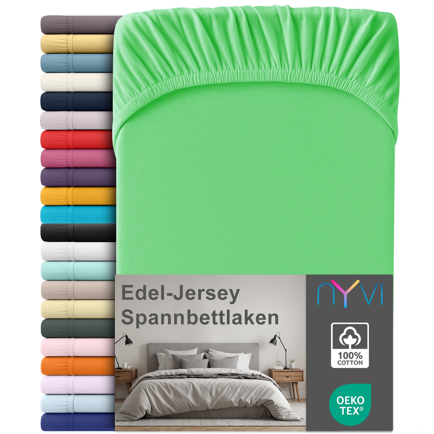 NYVI Edel Jersey Spannbettlaken Deluxe f&uuml;r Matratzen bis 25 cm Stegh&ouml;he - 100% Baumwolle supergek&auml;mmt, 140g/m&sup2;, Rundumgummizug Gr&ouml;&szlig;e:90-100 x 200 cm;Farbe:Apfel 