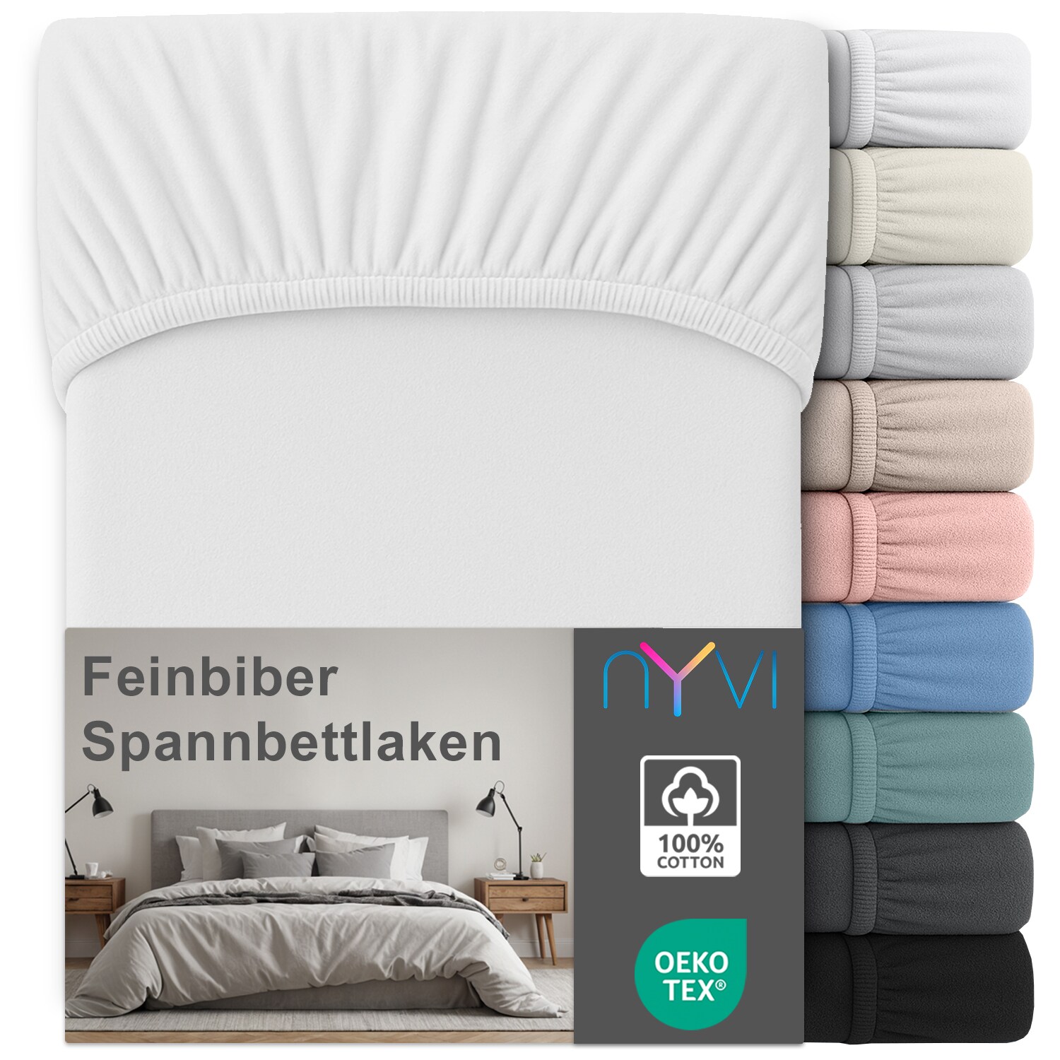 NYVI Feinbiber Spannbettlaken Deluxe f&uuml;r Matratzen bis 25 cm Stegh&ouml;he - Extra Warm & Weich, 100% Baumwolle, B&uuml;gelfrei, Vorgekrumpft Farbe:Wei&szlig;;Gr&ouml;&szlig;e:140x200 cm - Bild 1
