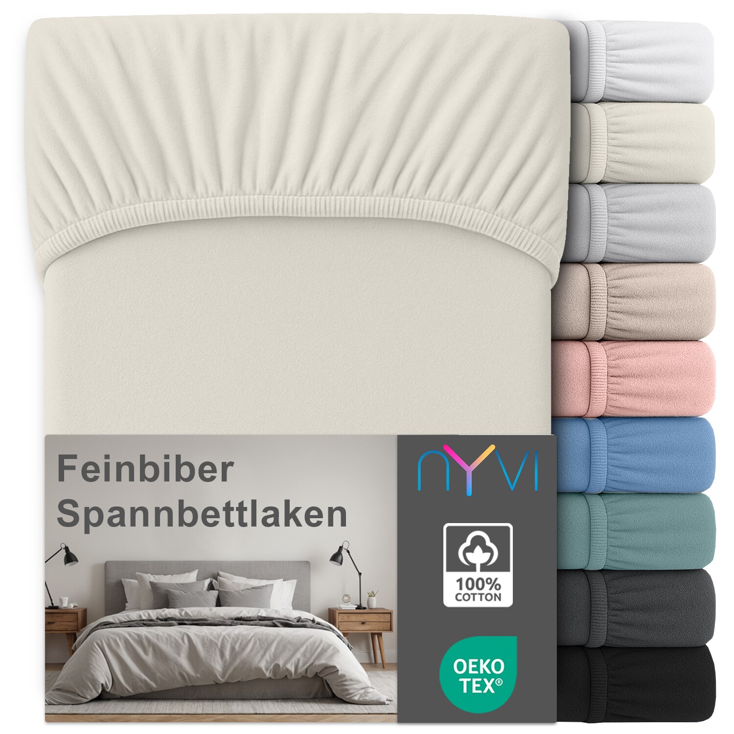 NYVI Feinbiber Spannbettlaken Deluxe f&uuml;r Matratzen bis 25 cm Stegh&ouml;he - Extra Warm & Weich, 100% Baumwolle, B&uuml;gelfrei, Vorgekrumpft Farbe:Creme;Gr&ouml;&szlig;e:200x200 cm 
