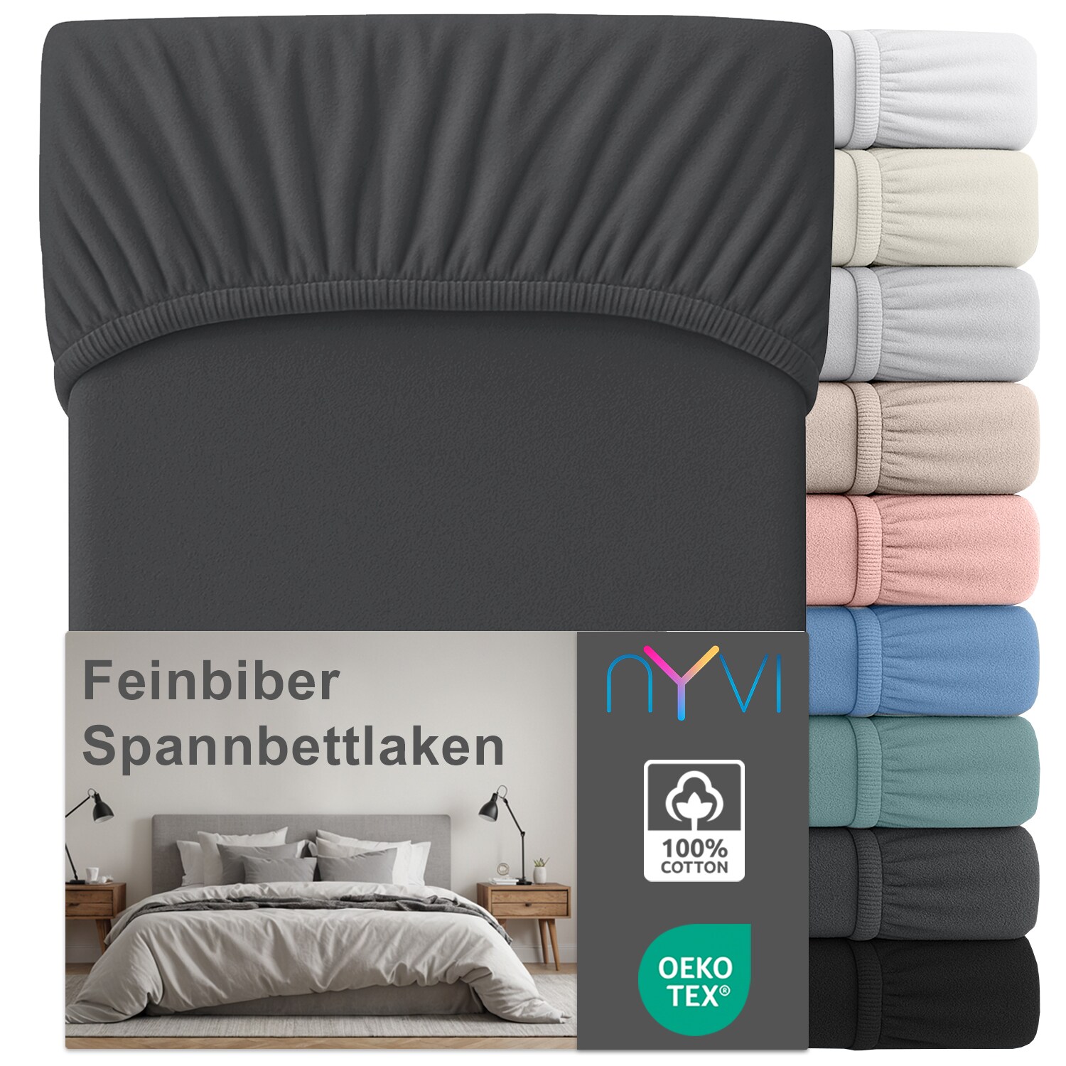 NYVI Feinbiber Spannbettlaken Deluxe f&uuml;r Matratzen bis 25 cm Stegh&ouml;he - Extra Warm & Weich, 100% Baumwolle, B&uuml;gelfrei, Vorgekrumpft Farbe:Anthrazit;Gr&ouml;&szlig;e:90x200 cm 