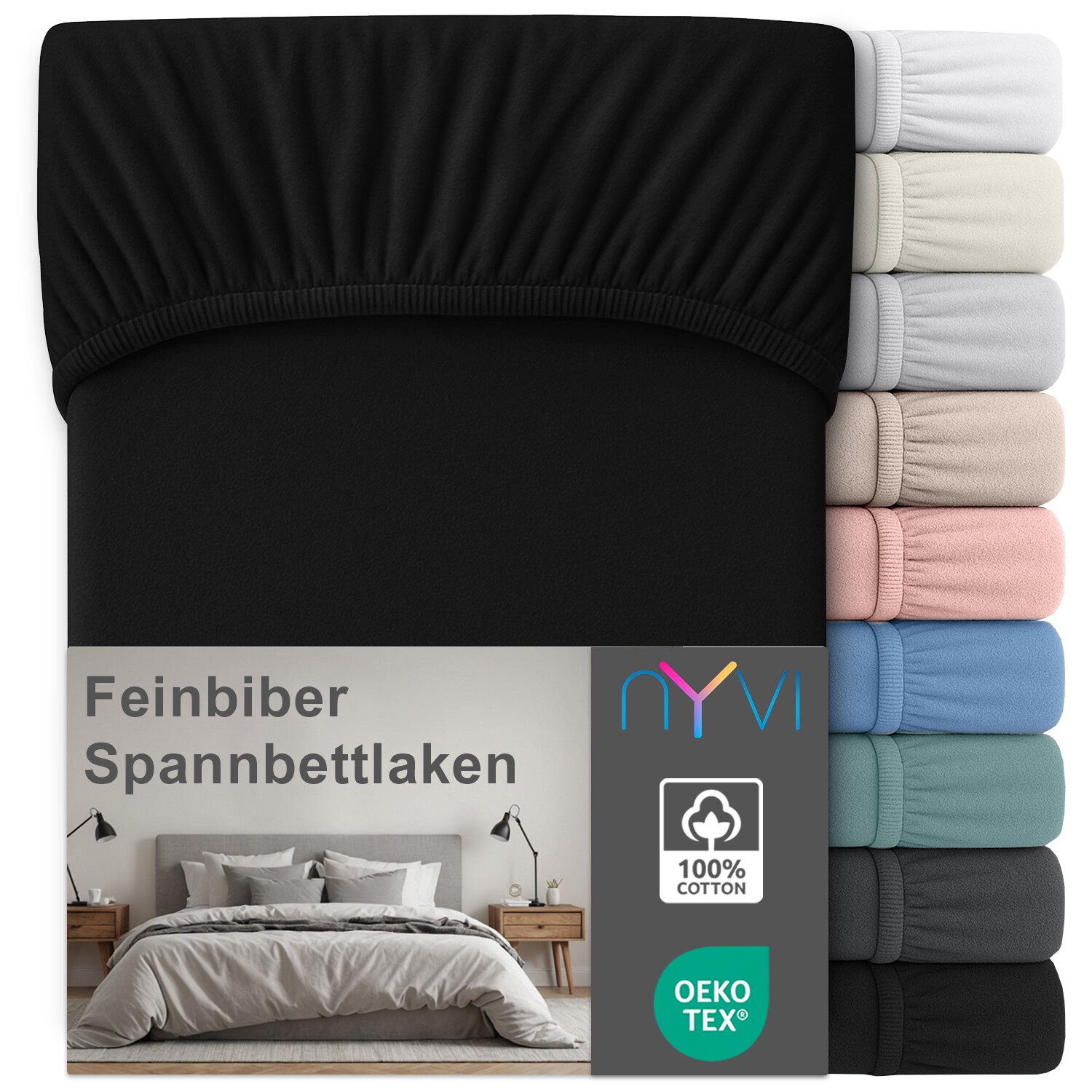 NYVI Feinbiber Spannbettlaken Deluxe f&uuml;r Matratzen bis 25 cm Stegh&ouml;he - Extra Warm & Weich, 100% Baumwolle, B&uuml;gelfrei, Vorgekrumpft Farbe:Schwarz;Gr&ouml;&szlig;e:200x200 cm 