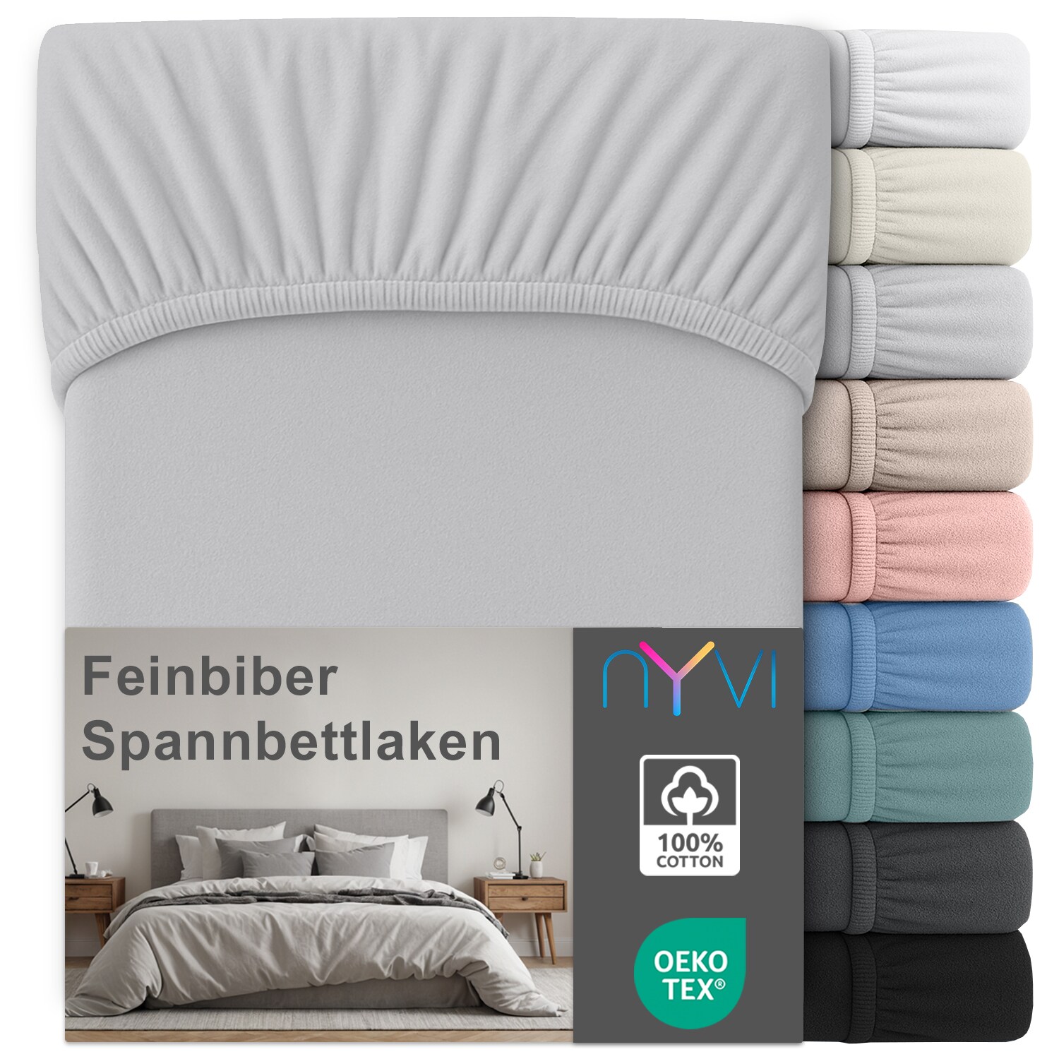 NYVI Feinbiber Spannbettlaken Deluxe f&uuml;r Matratzen bis 25 cm Stegh&ouml;he - Extra Warm & Weich, 100% Baumwolle, B&uuml;gelfrei, Vorgekrumpft Farbe:Silber;Gr&ouml;&szlig;e:200x200 cm 