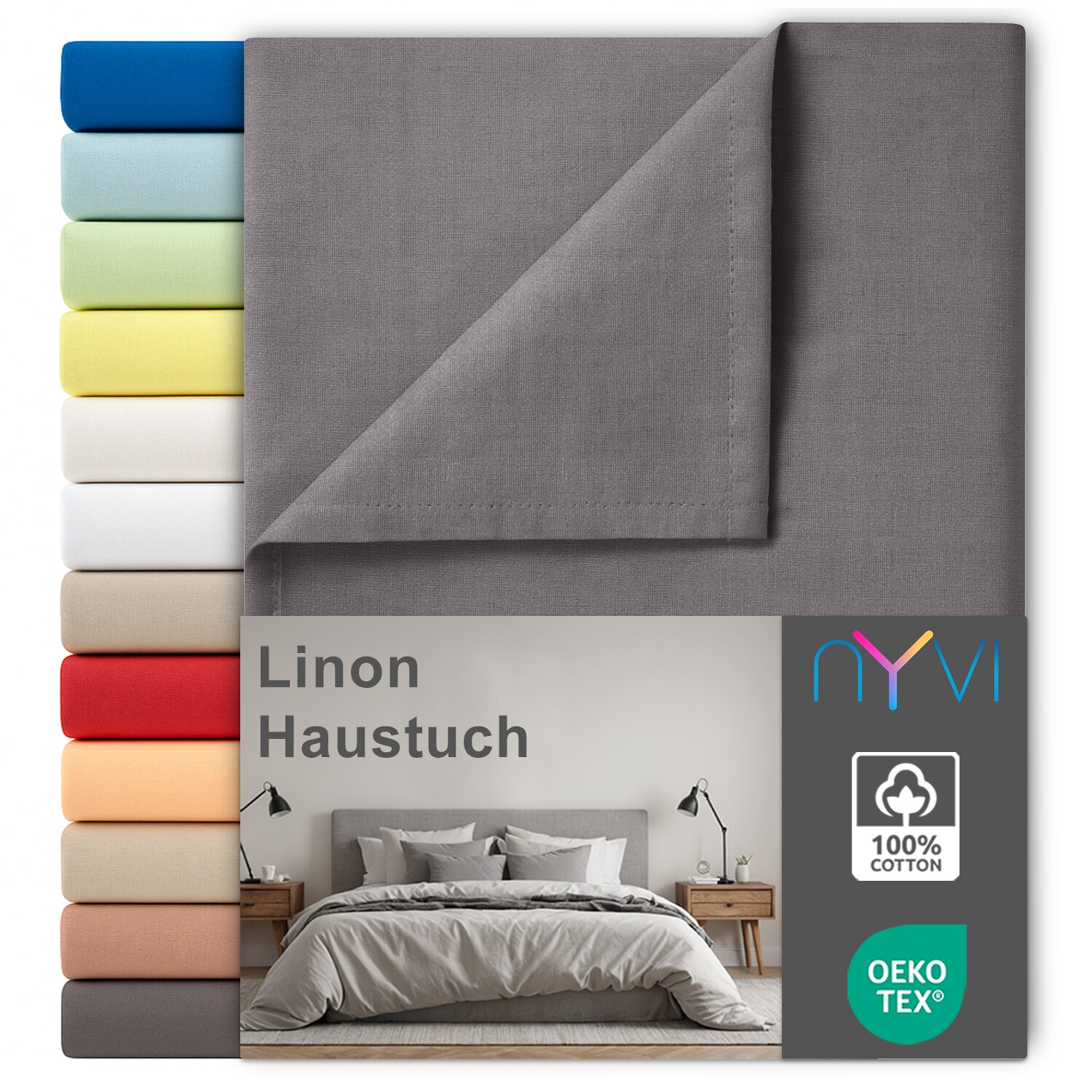 NYVI Linon Deluxe Bettlaken ohne Gummizug aus 100% atmungsaktiver Baumwolle - Betttuch auch als Sommerdecke nutzbar Farbe:Anthrazit;Gr&ouml;&szlig;e:240x260 cm 
