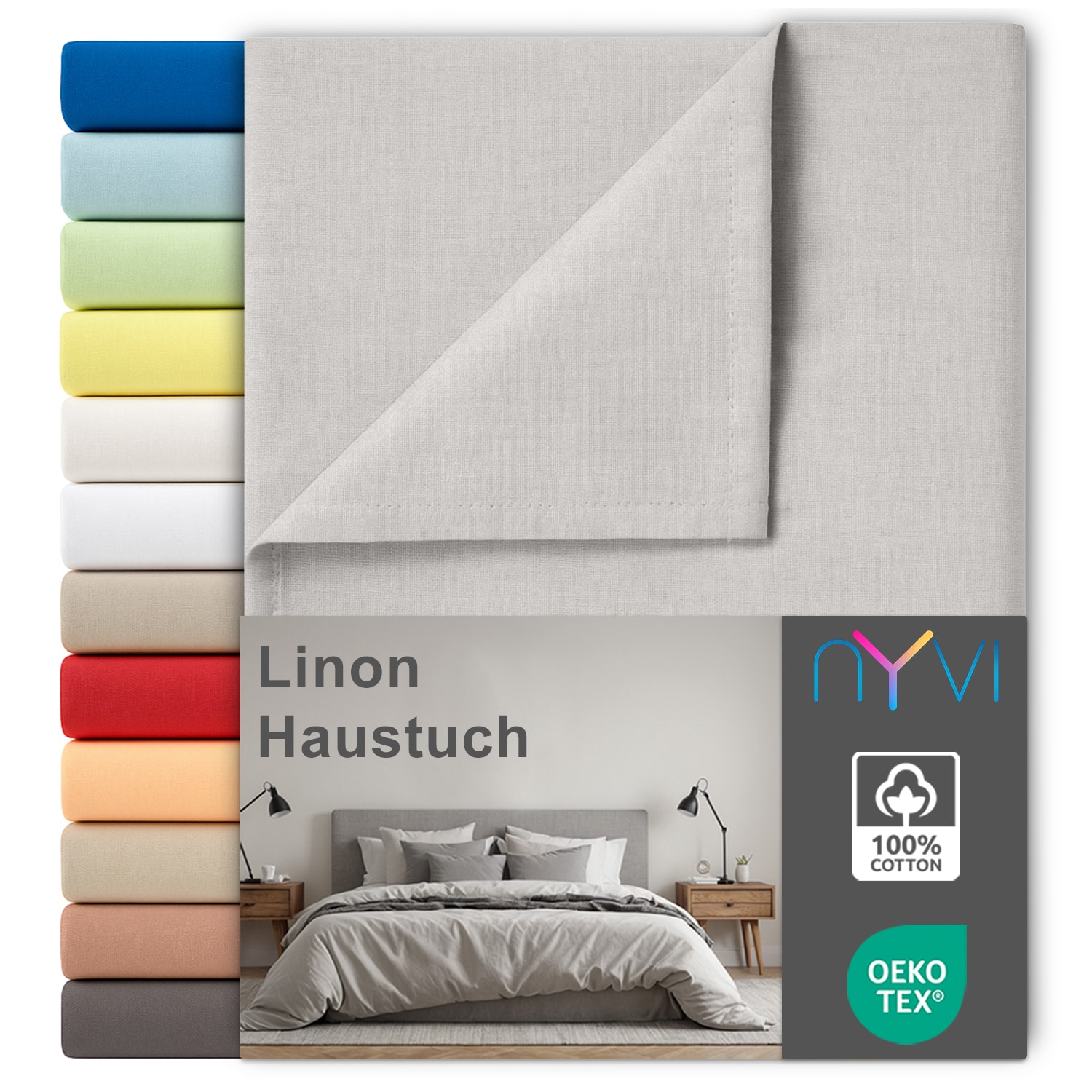 NYVI Linon Deluxe Bettlaken ohne Gummizug aus 100% atmungsaktiver Baumwolle - Betttuch auch als Sommerdecke nutzbar Farbe:Silber;Gr&ouml;&szlig;e:240x260 cm 