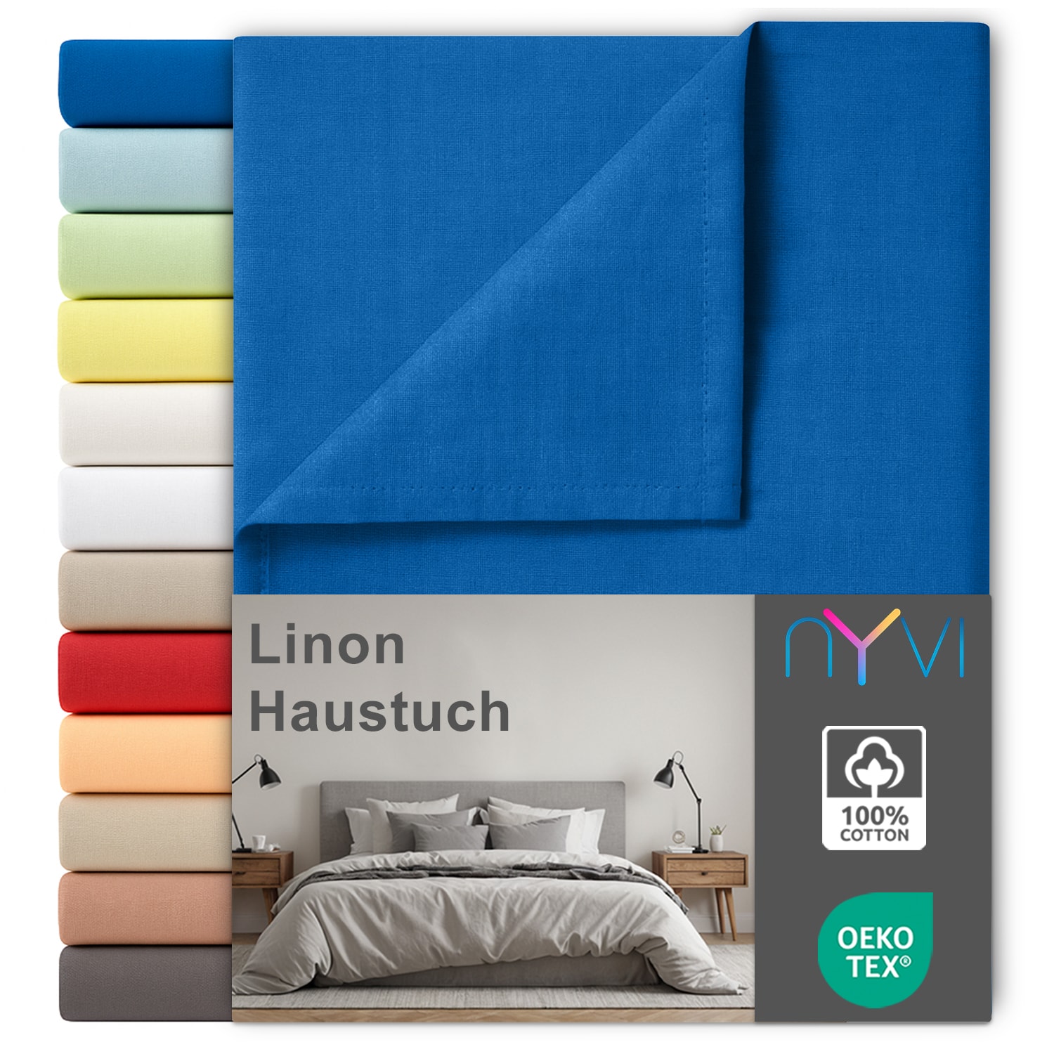 NYVI Linon Deluxe Bettlaken ohne Gummizug aus 100% atmungsaktiver Baumwolle - Betttuch auch als Sommerdecke nutzbar Farbe:Royalblau;Gr&ouml;&szlig;e:150x250 cm - Bild 1
