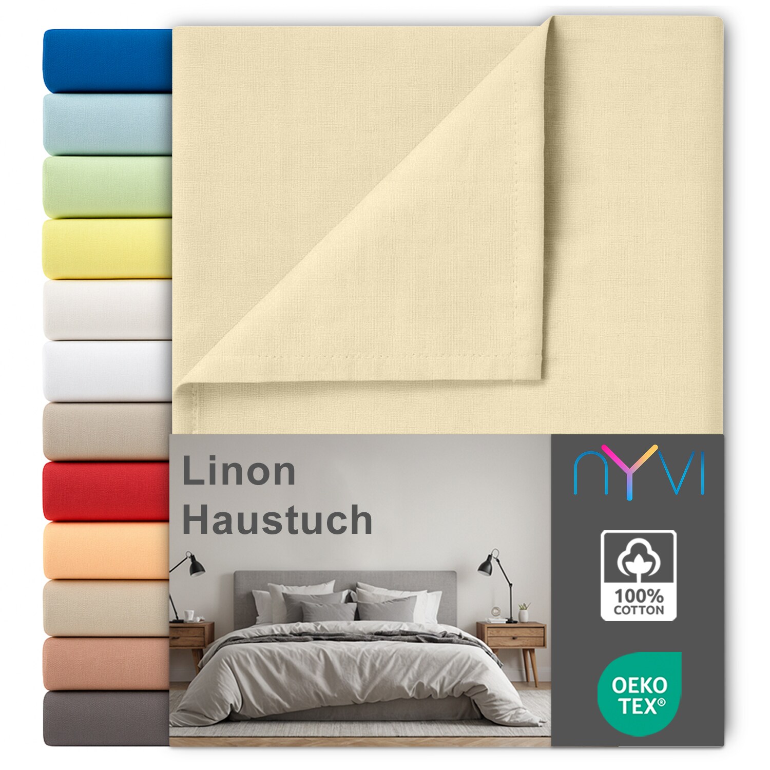 NYVI Linon Deluxe Bettlaken ohne Gummizug aus 100% atmungsaktiver Baumwolle - Betttuch auch als Sommerdecke nutzbar Farbe:Creme;Gr&ouml;&szlig;e:150x250 cm 