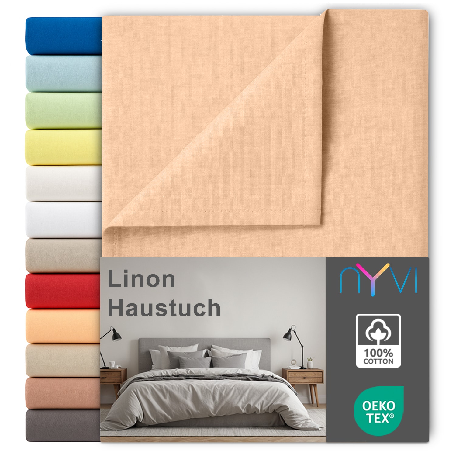 NYVI Linon Deluxe Bettlaken ohne Gummizug aus 100% atmungsaktiver Baumwolle - Betttuch auch als Sommerdecke nutzbar Farbe:Apricot;Gr&ouml;&szlig;e:150x250 cm 
