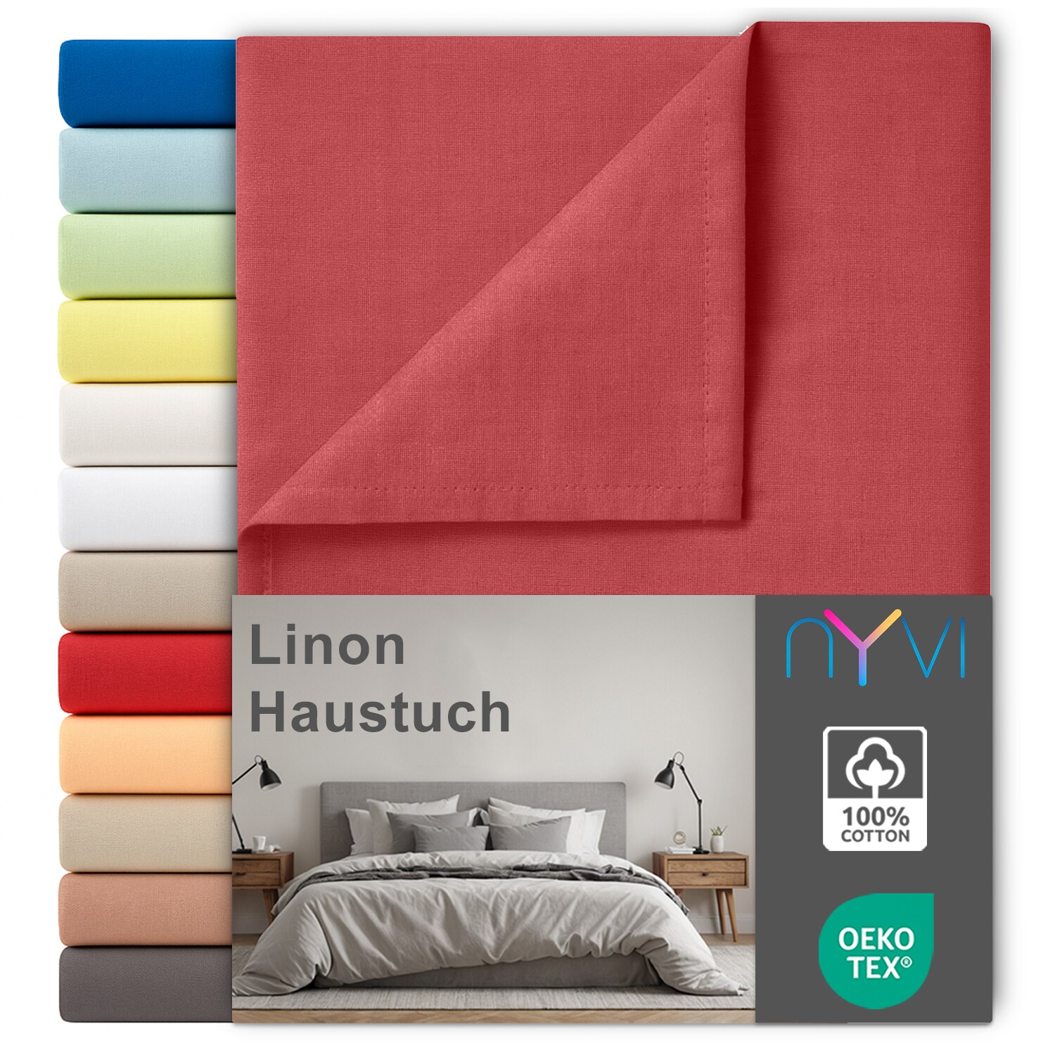 NYVI Linon Deluxe Bettlaken ohne Gummizug aus 100% atmungsaktiver Baumwolle - Betttuch auch als Sommerdecke nutzbar Farbe:Rot;Gr&ouml;&szlig;e:150x250 cm 