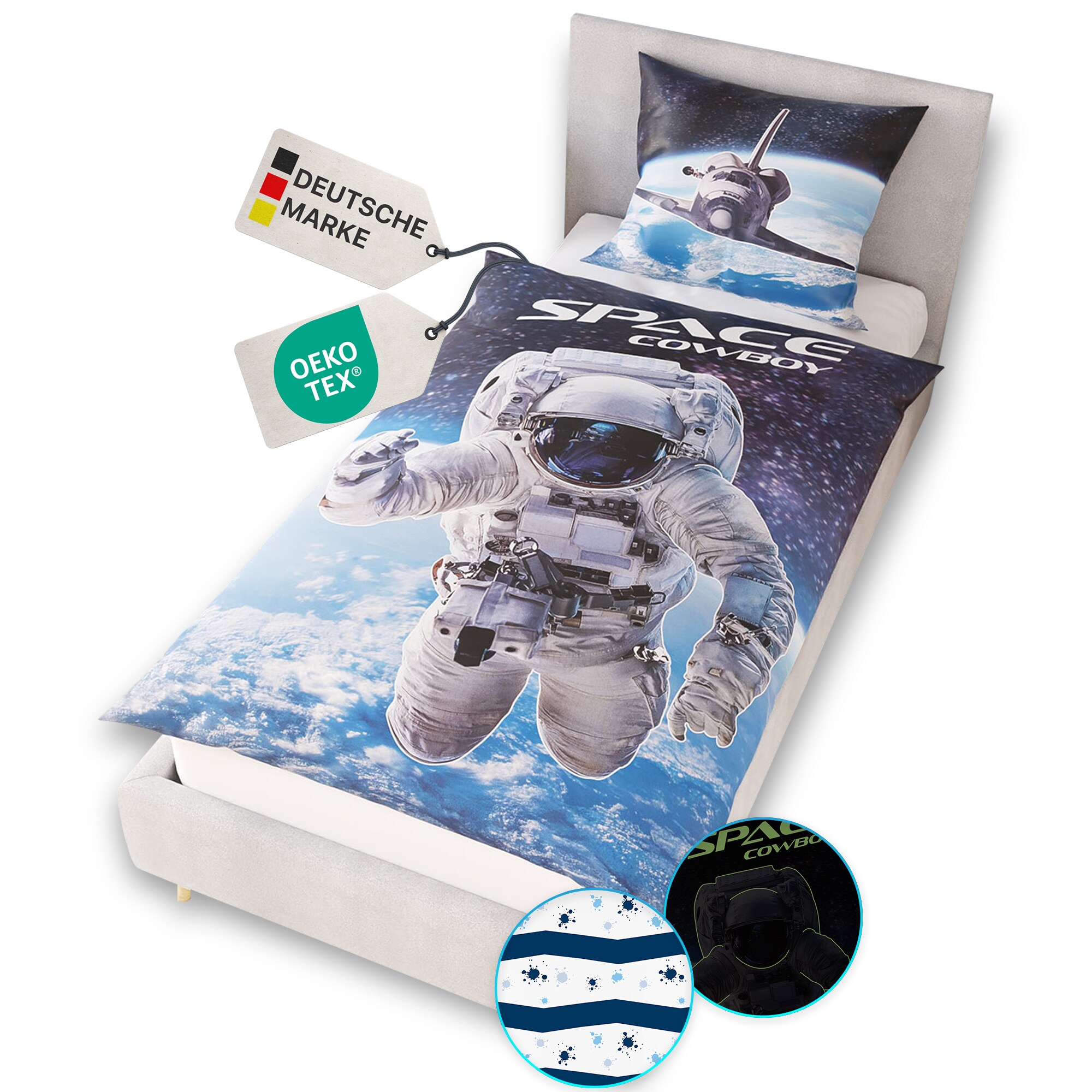 NYVI Renforce Kinderbettw&auml;sche Glow in the Dark aus 100% Baumwolle - Vorderseite leuchtend, mit Wendemuster, Rei&szlig;verschluss, OEKO-TEX 100 Gr&ouml;&szlig;e:135x200 cm;Farbe:Astronaut 