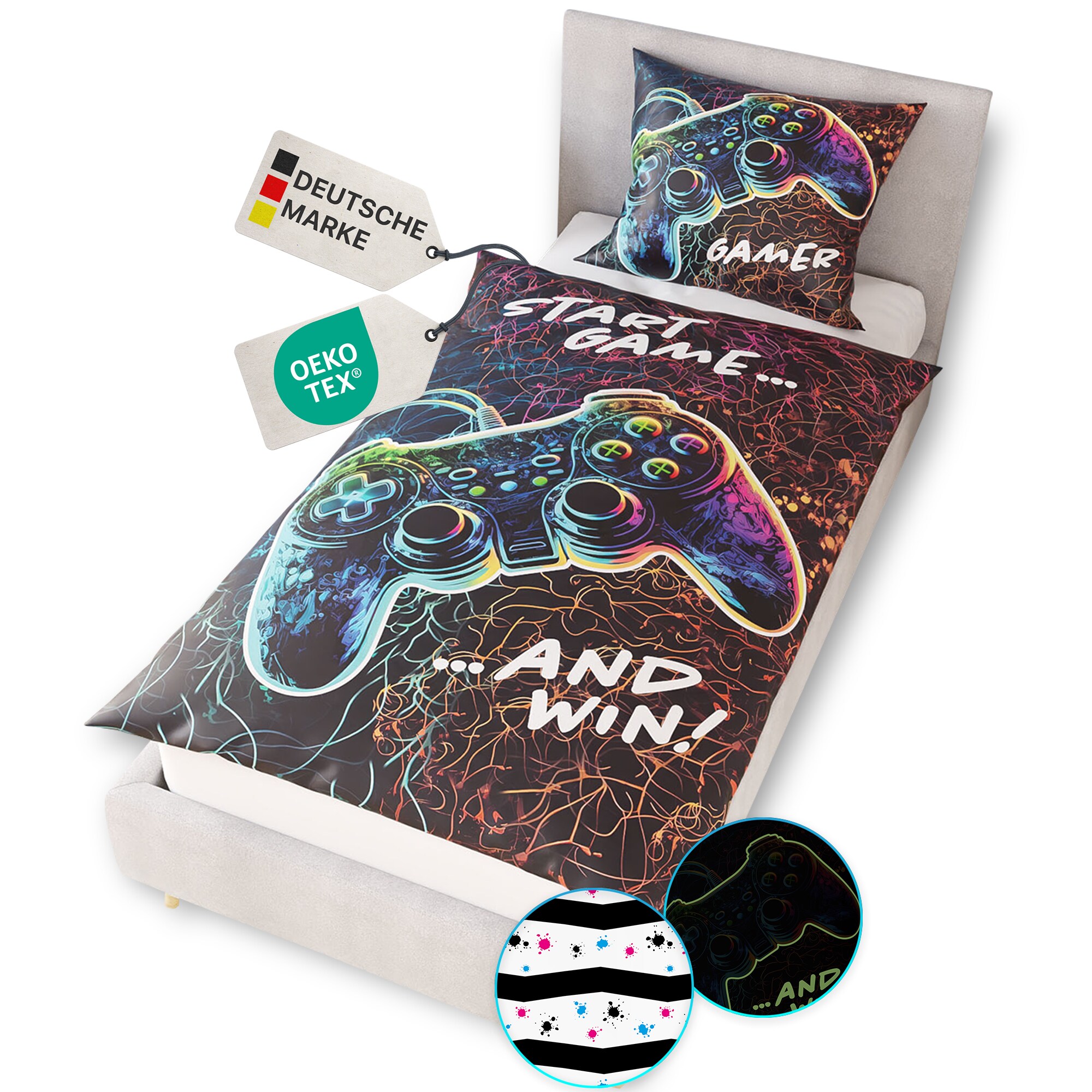 NYVI Renforce Kinderbettw&auml;sche Glow in the Dark aus 100% Baumwolle - Vorderseite leuchtend, mit Wendemuster, Rei&szlig;verschluss, OEKO-TEX 100 Gr&ouml;&szlig;e:135x200 cm;Farbe:Gamer 