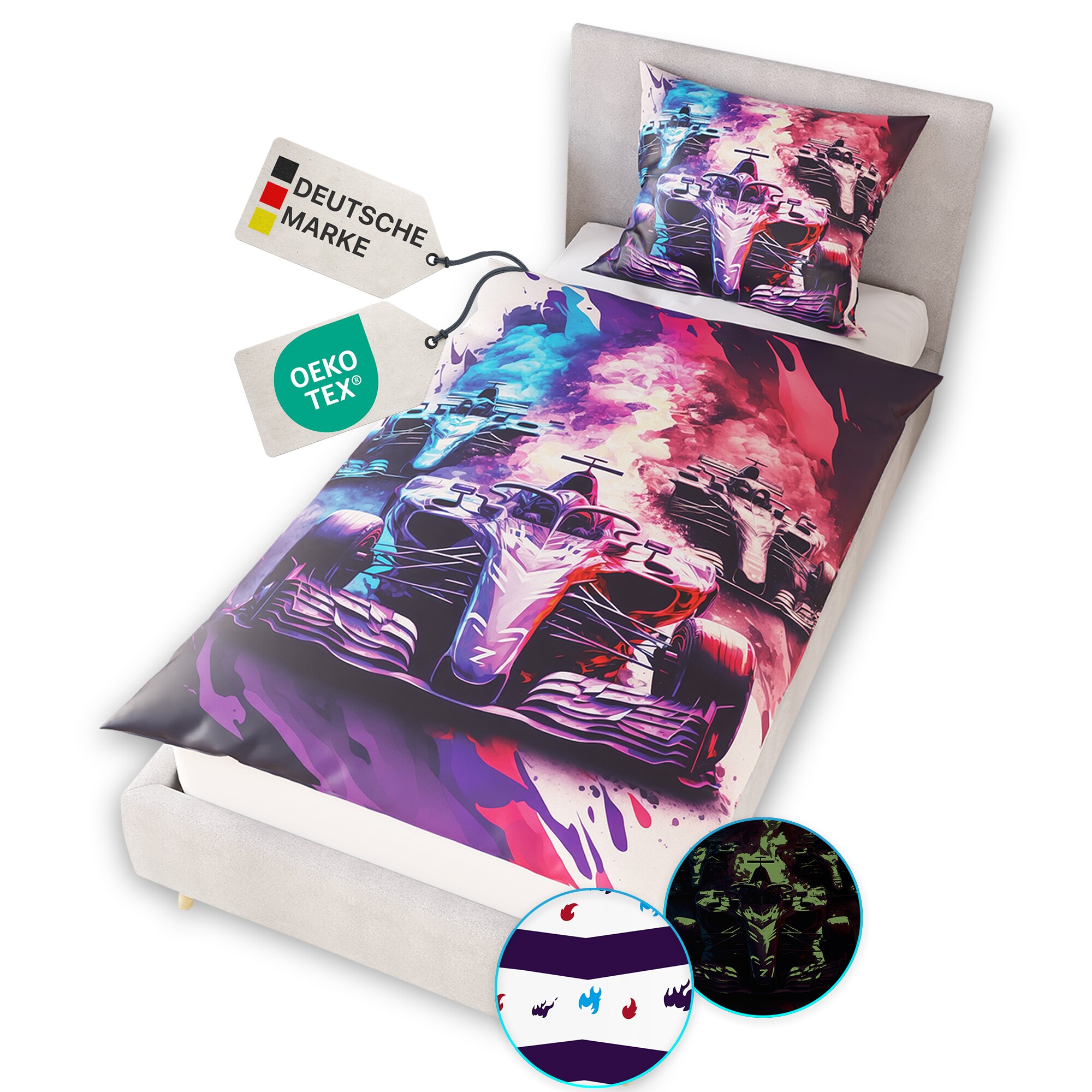 NYVI Renforce Kinderbettw&auml;sche Glow in the Dark aus 100% Baumwolle - Vorderseite leuchtend, mit Wendemuster, Rei&szlig;verschluss, OEKO-TEX 100 Gr&ouml;&szlig;e:135x200 cm;Farbe:Rennautos 