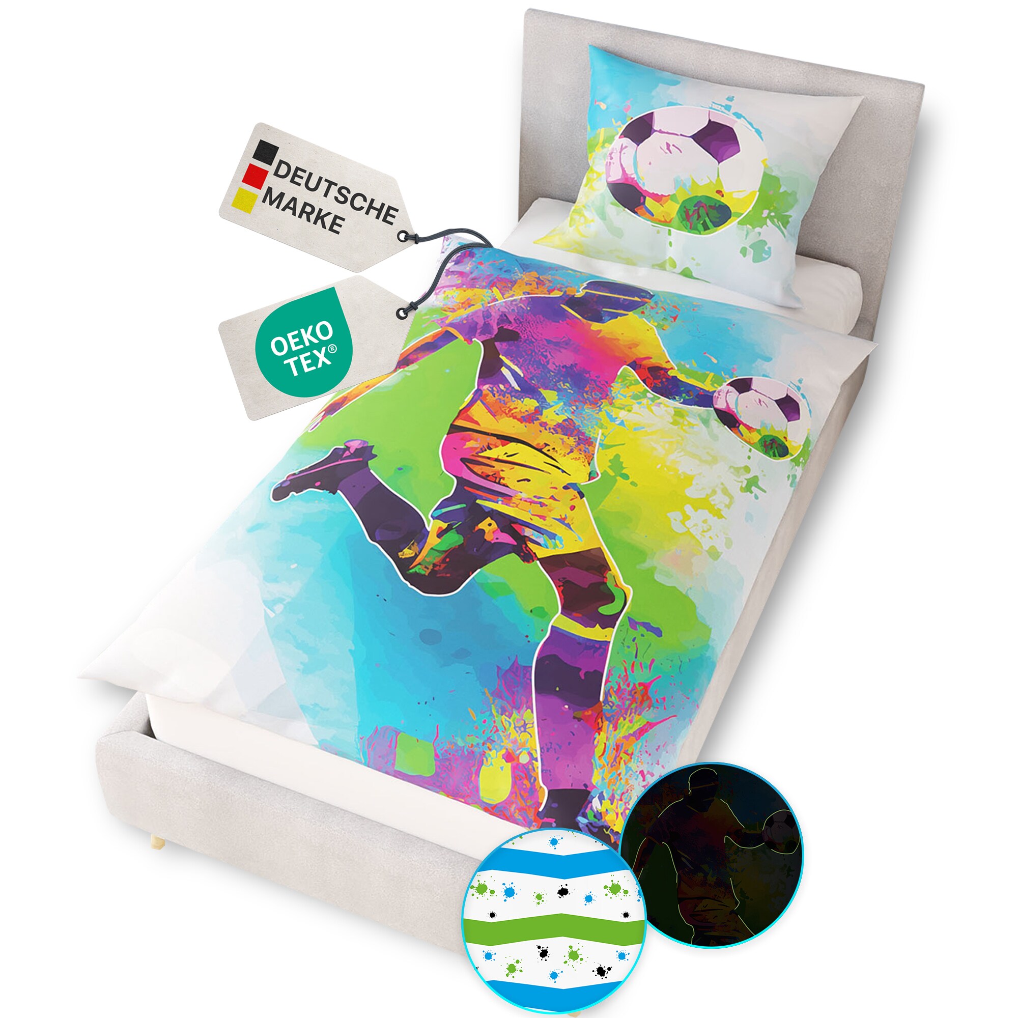 NYVI Renforce Kinderbettw&auml;sche Glow in the Dark aus 100% Baumwolle - Vorderseite leuchtend, mit Wendemuster, Rei&szlig;verschluss, OEKO-TEX 100 Gr&ouml;&szlig;e:135x200 cm;Farbe:Fu&szlig;ball 