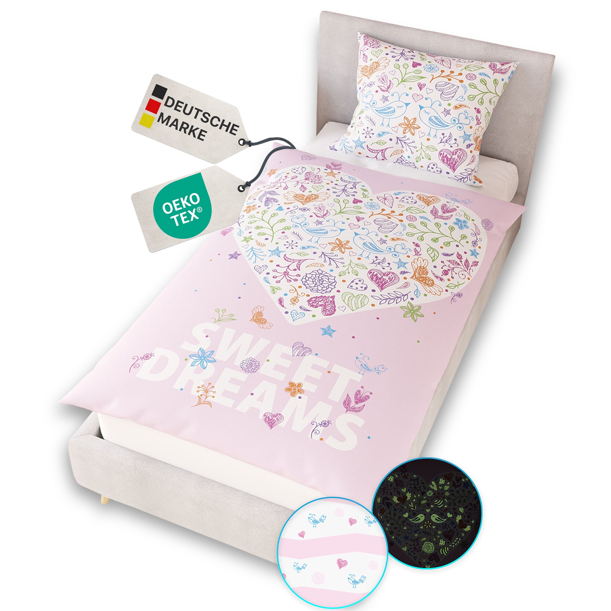NYVI Renforce Kinderbettw&auml;sche Glow in the Dark aus 100% Baumwolle - Vorderseite leuchtend, mit Wendemuster, Rei&szlig;verschluss, OEKO-TEX 100 Gr&ouml;&szlig;e:135x200 cm;Farbe:Sweet Dreams 